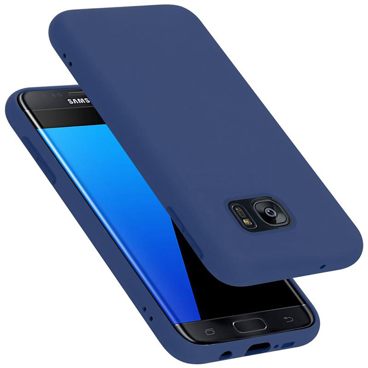 Un teléfono y una funda azul oscuro. El teléfono está en una funda azul oscuro, parcialmente abierta.