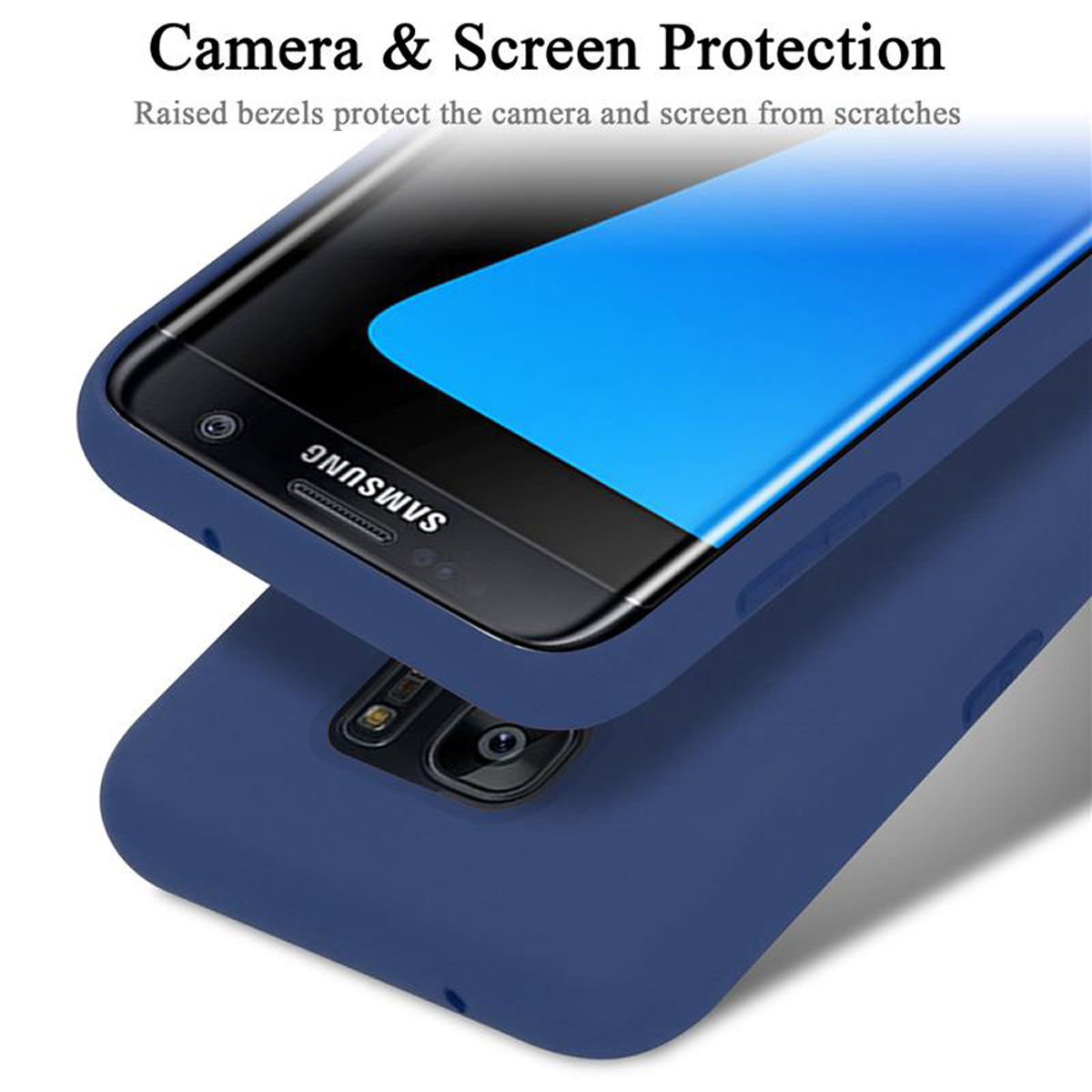 Funda azul que protege un teléfono con pantalla azul.