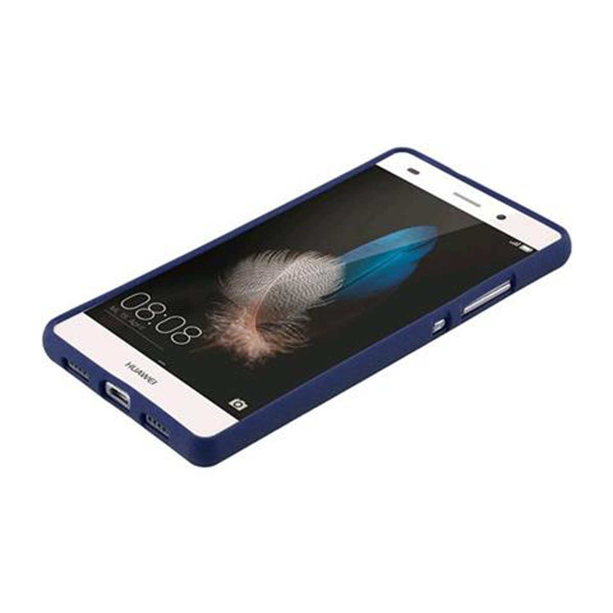 Telefono con custodia blu, che mostra un'immagine di piuma sullo schermo.