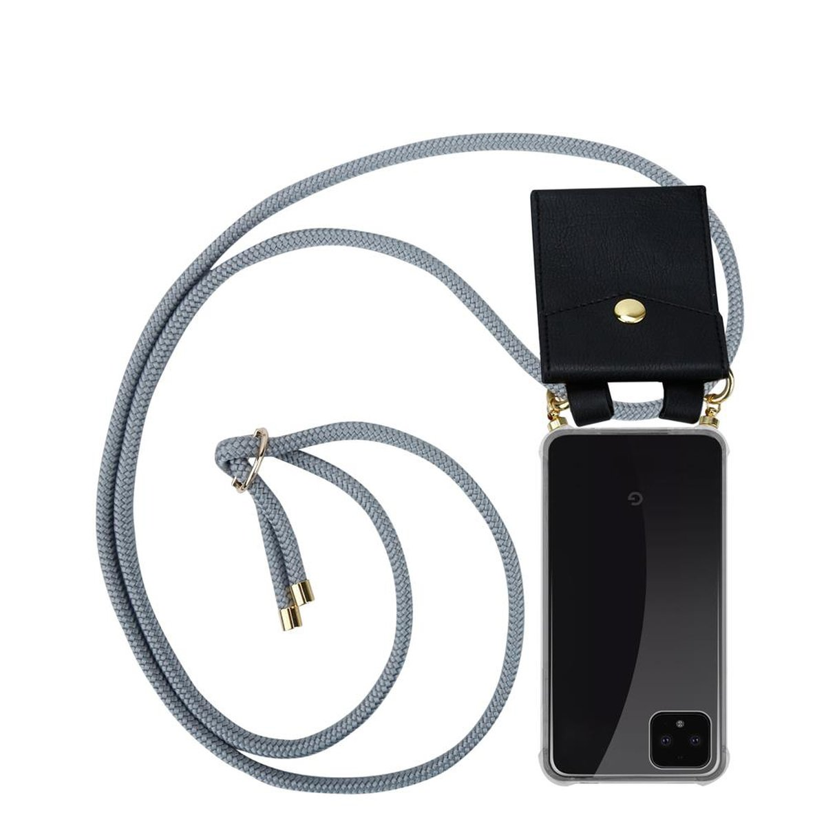 Handyhülle mit Lanyard. Graues Kabel, schwarze Tasche, Telefon in klarer Hülle.