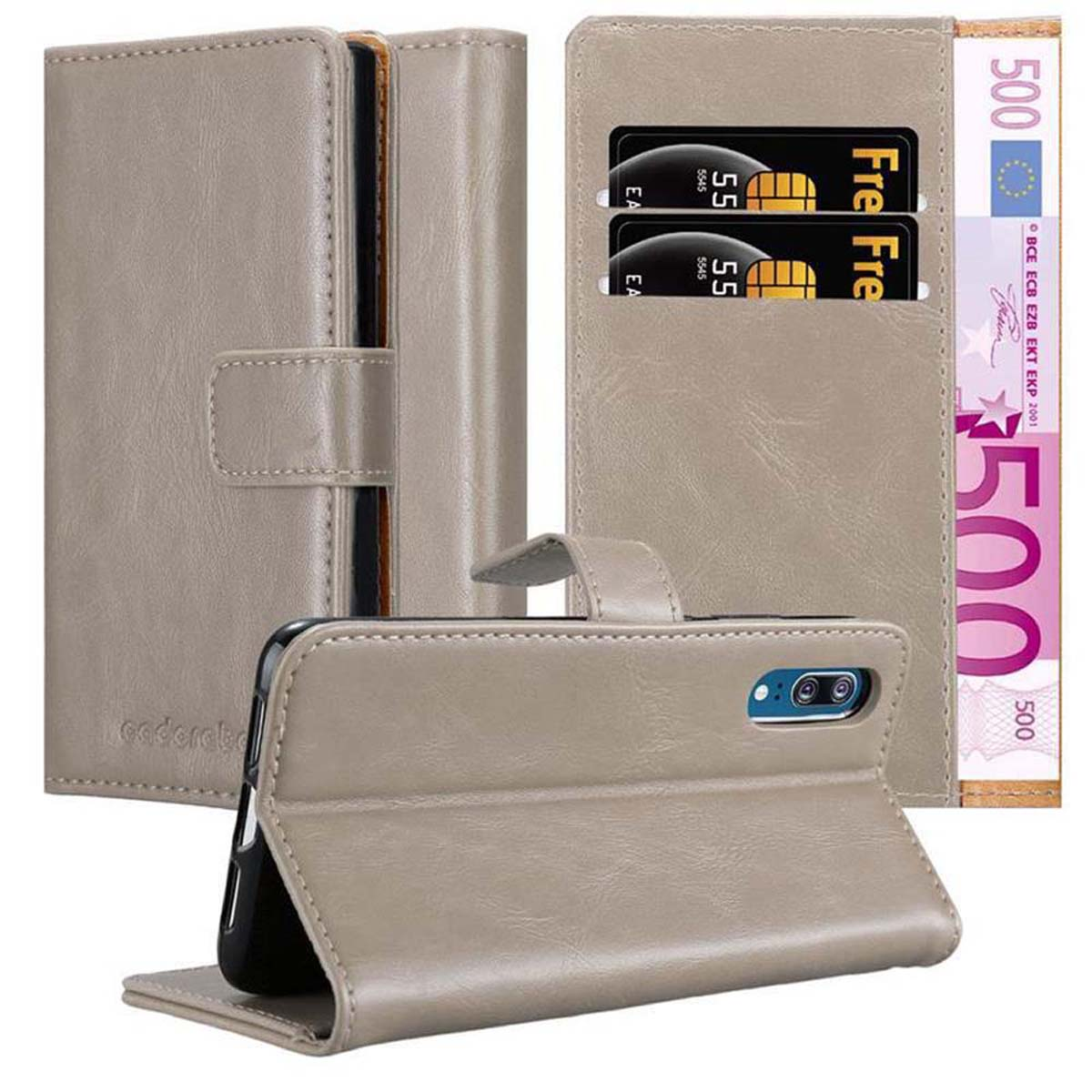 Custodia a portafoglio beige per telefono. Due carte e una banconota da 500 euro visibili.