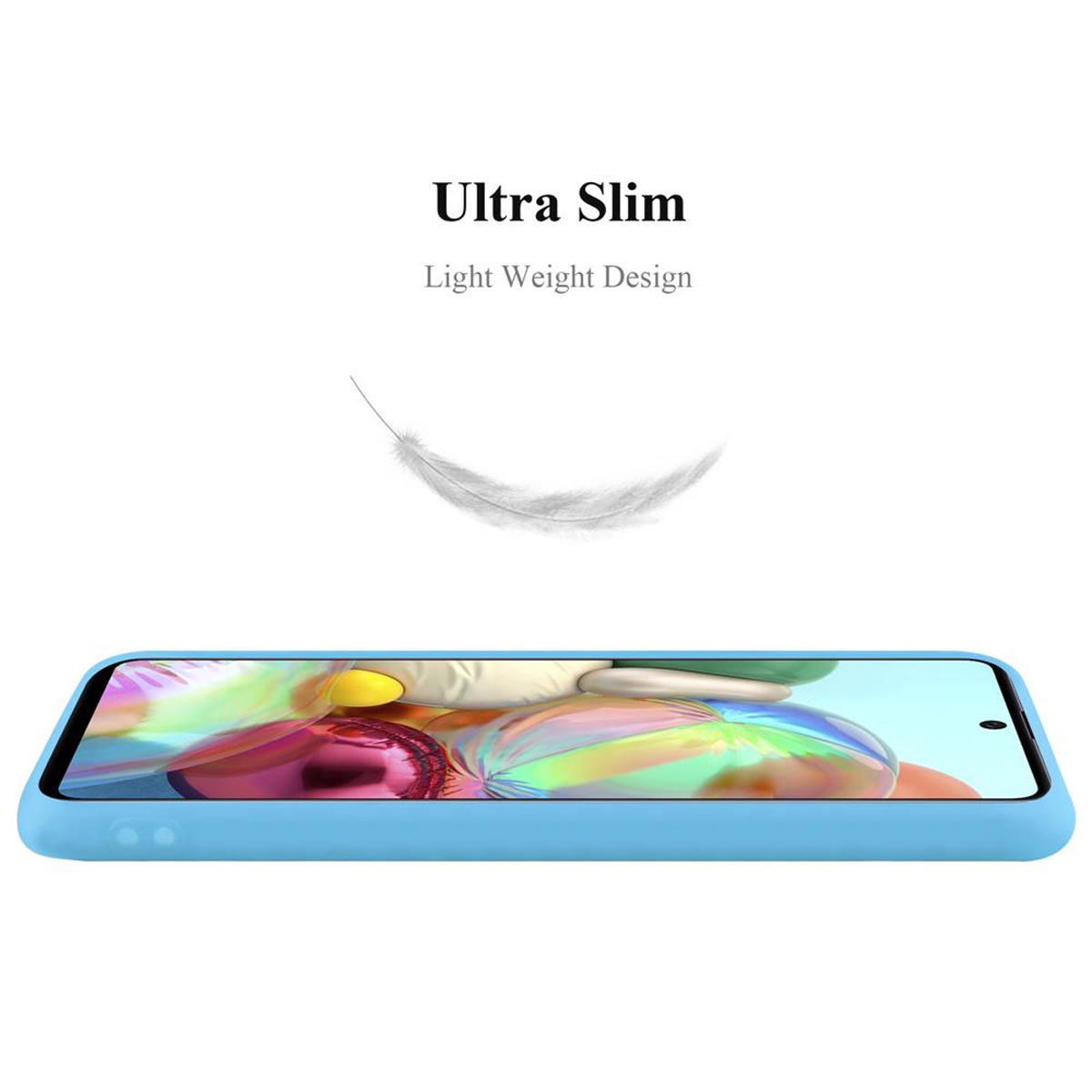 Eine blaue Handyhülle auf weißem Hintergrund. Über der Handyhülle befindet sich eine Feder. Text sagt Ultra Slim.