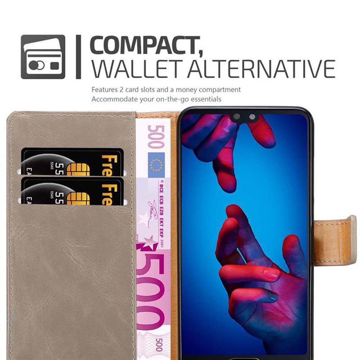 Custodia per telefono con carte e denaro. Testo: COMPACT, WALLET ALTERNATIVE. Sfondo bianco.