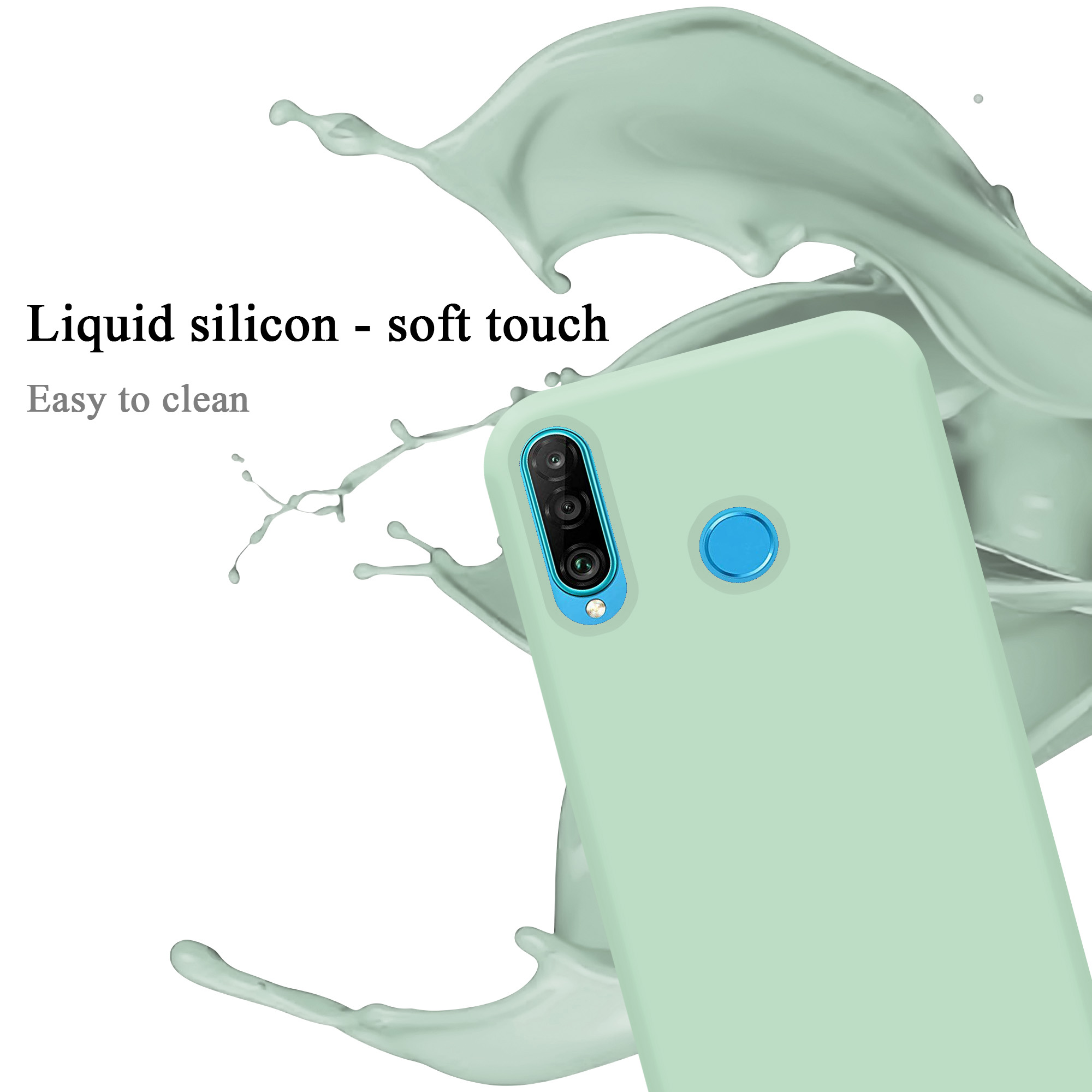 Primo piano di una custodia per telefono verde chiaro. Effetto schizzo di liquido sullo sfondo. Testo visibile.