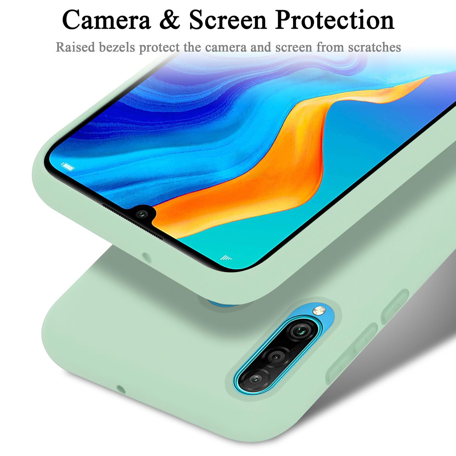 Primo piano di una custodia per telefono verde menta sopra un'altra. Lo schermo del telefono è visibile.