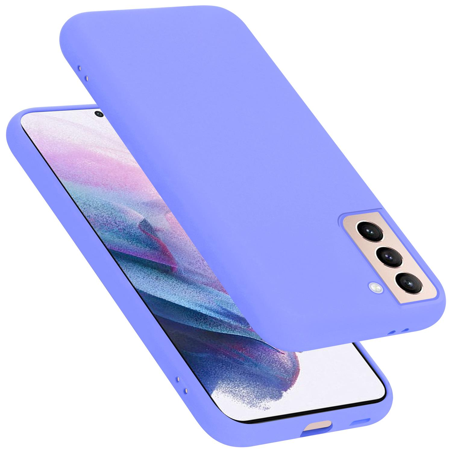 Eine hellviolette Handyhülle mit einem Telefon darin, auf einer weißen Oberfläche liegend.