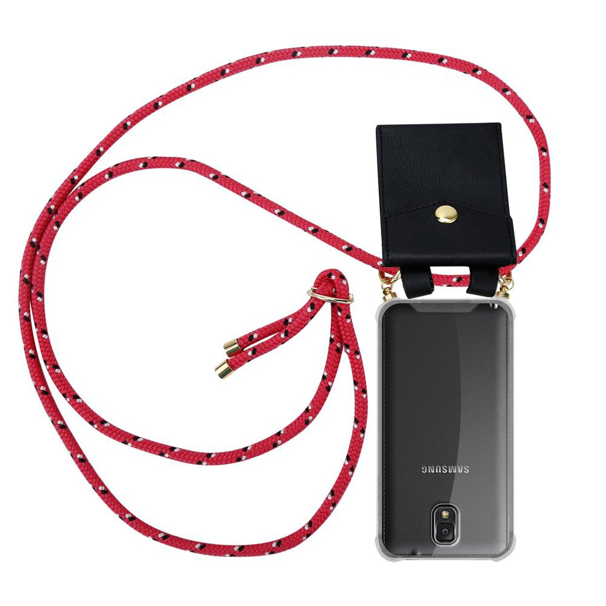 Custodia per telefono con cordino rosso, supporto nero e custodia trasparente.