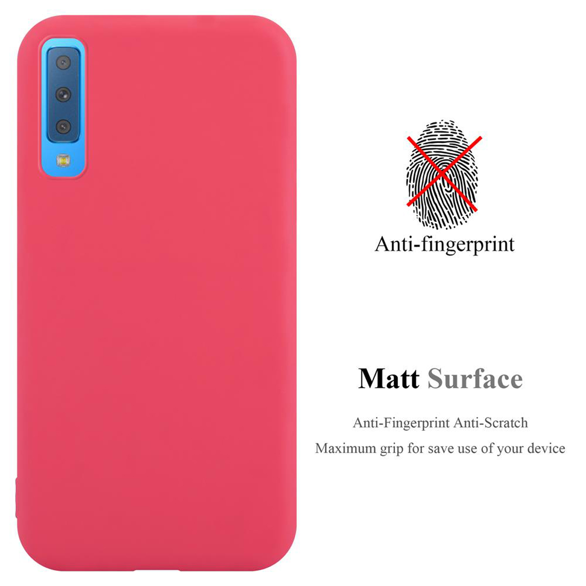 Una custodia per telefono rossa con funzioni anti-impronta e antigraffio e una superficie opaca.