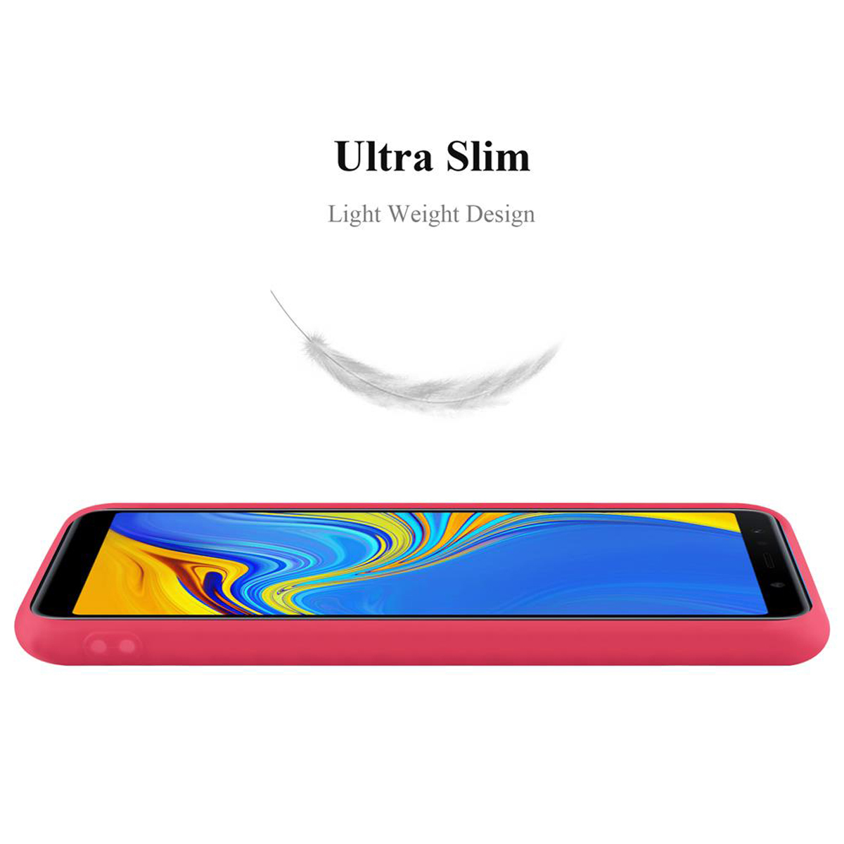 Una custodia per telefono rossa, con il testo 'Ultra Slim' e una grafica a piuma. Sfondo bianco.