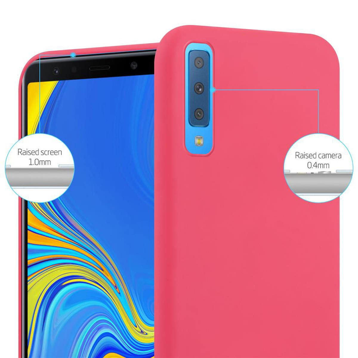 Una custodia per telefono rosa con un telefono all'interno e uno sfondo rosa.