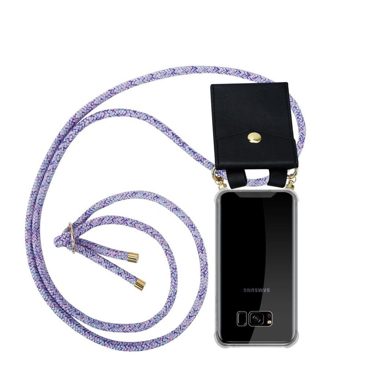Un telefono con custodia nera e corda viola. La custodia è collegata al telefono.