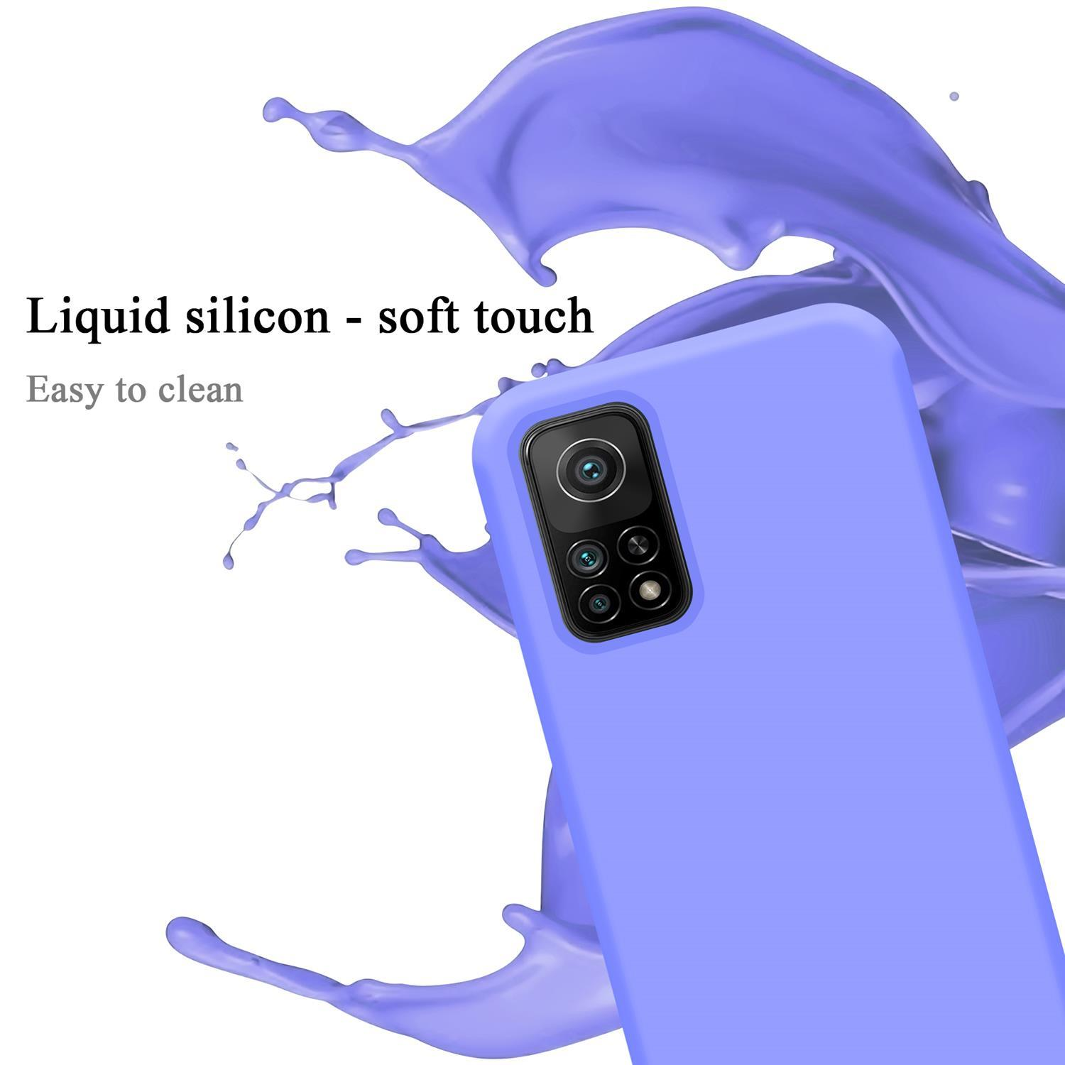 Lila Handyhülle mit Telefon und Spritzern. Text: Flüssiges Silikon - weiche Haptik, leicht zu reinigen.