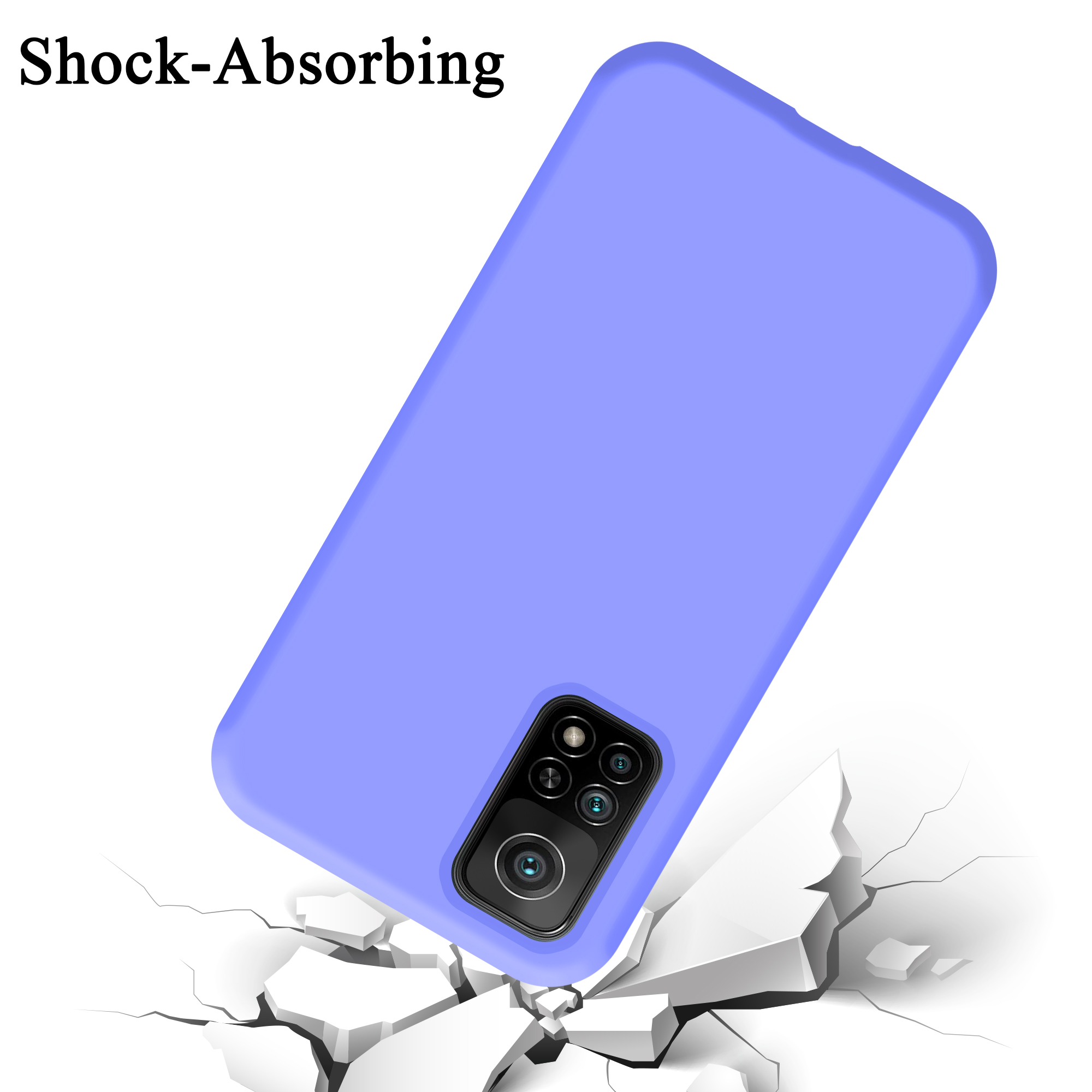 Eine blaue Handyhülle fällt auf eine weiße Oberfläche, mit Rissen auf der Oberfläche. Das Telefon hat eine schwarze Kamera.