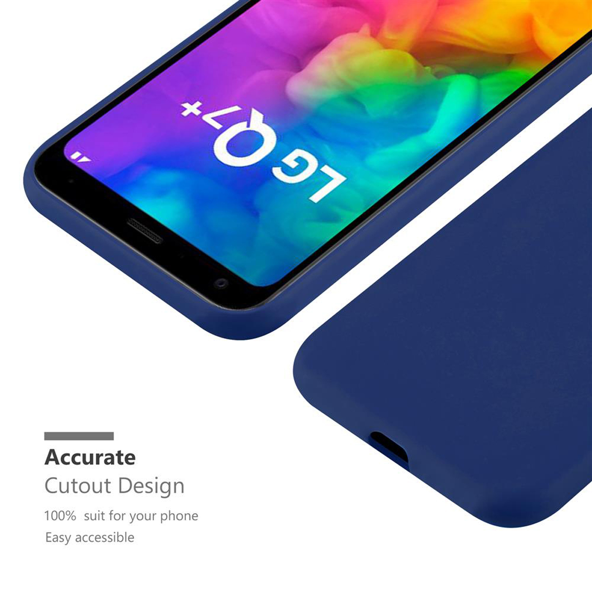 Una custodia per telefono blu scuro con un design ritagliato per un telefono. Il testo indica che è preciso e di facile accesso.