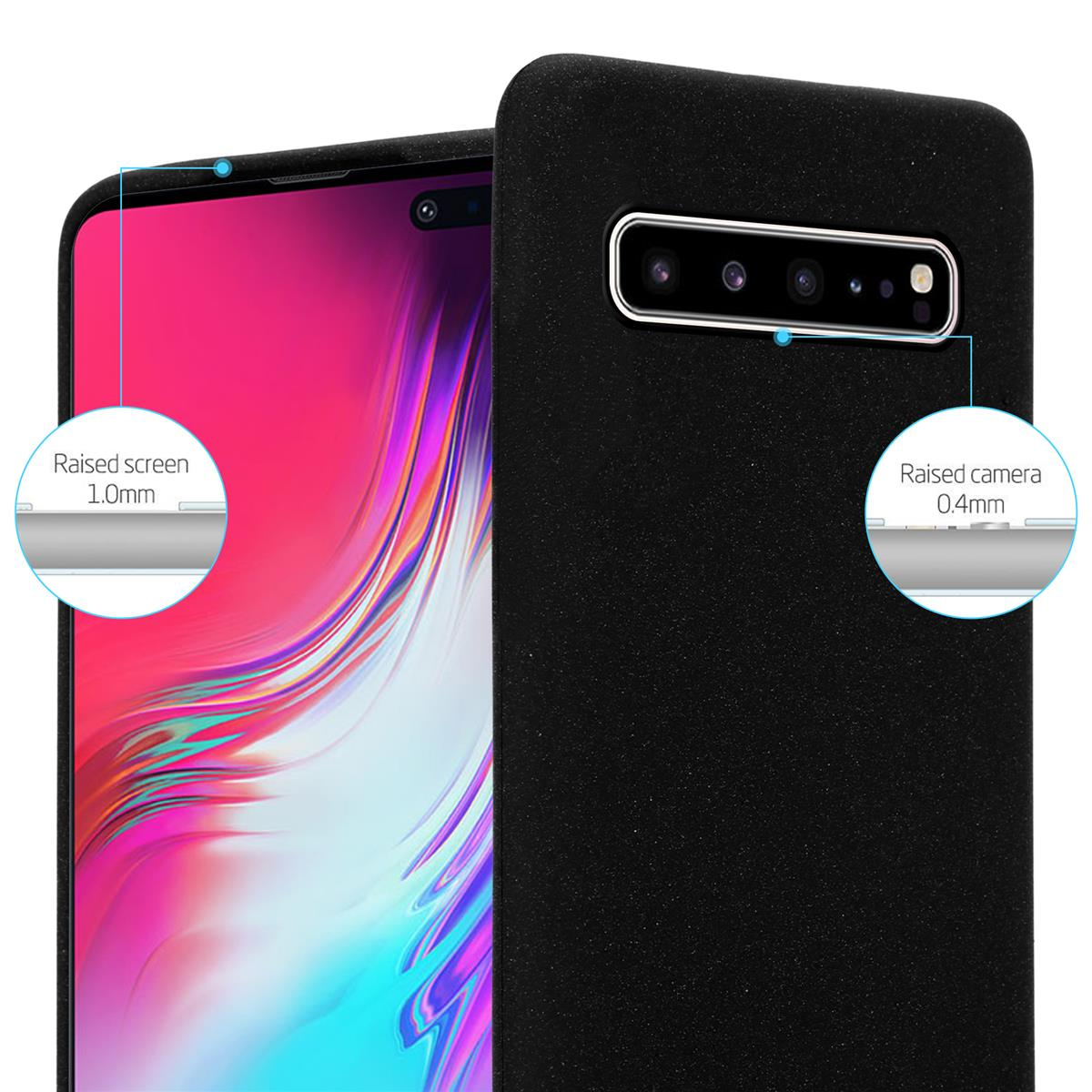 Custodia per telefono nera che mostra la protezione rialzata dello schermo e della fotocamera. Le aree dello schermo e della fotocamera sono evidenziate.
