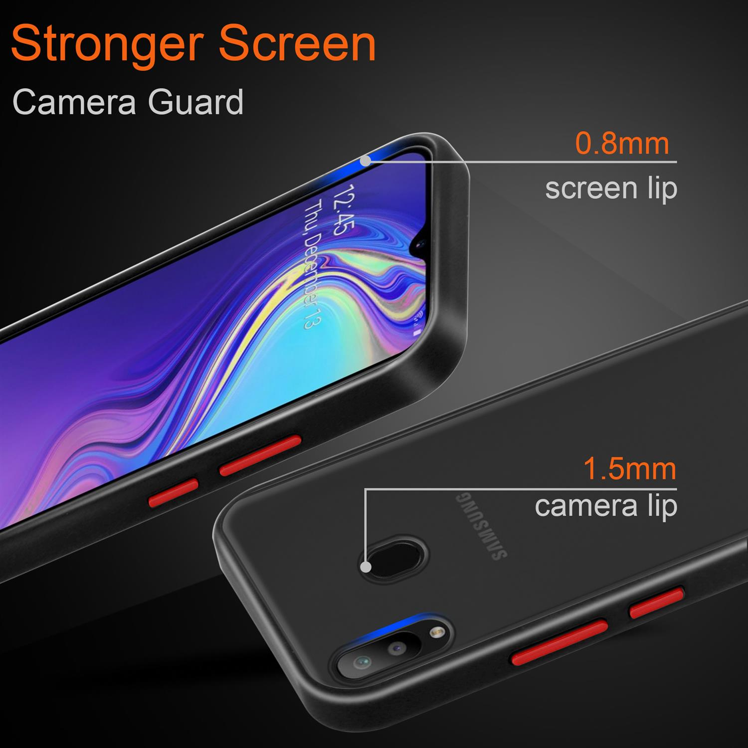 Un telefono con bordo dello schermo e bordo della fotocamera, con il testo Protezione schermo più forte.