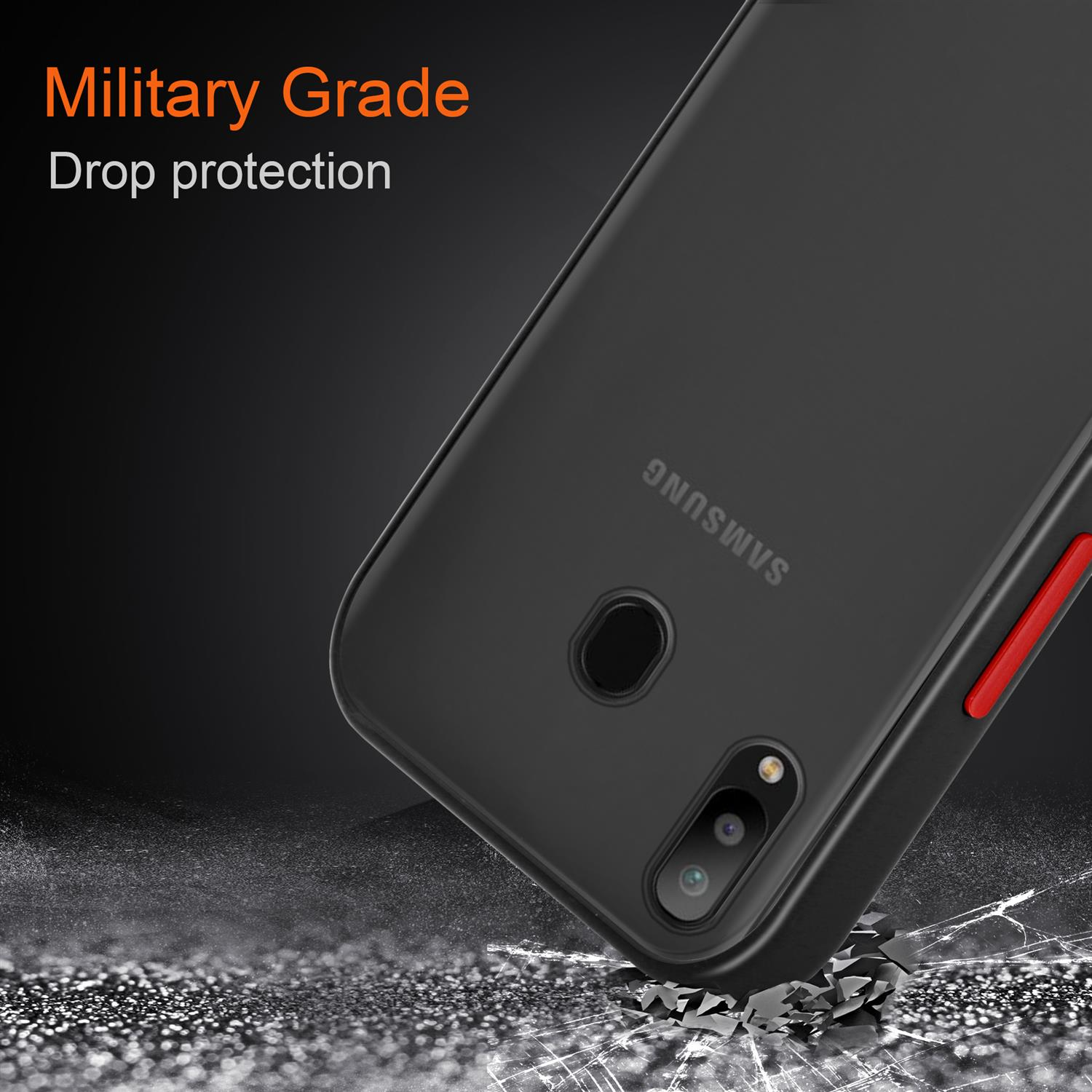 Custodia per telefono nera con dettagli rossi, testo 'Military Grade Drop protection' e sfondo scuro.