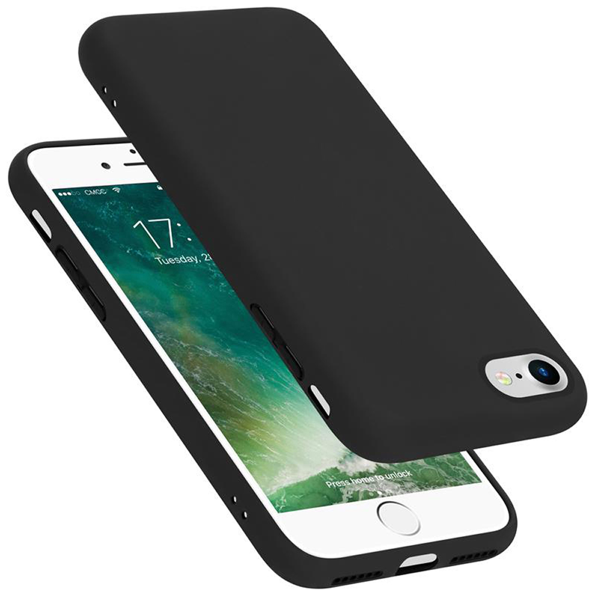 Schwarze Handyhülle mit Telefon, das Uhrzeit und Datum anzeigt.