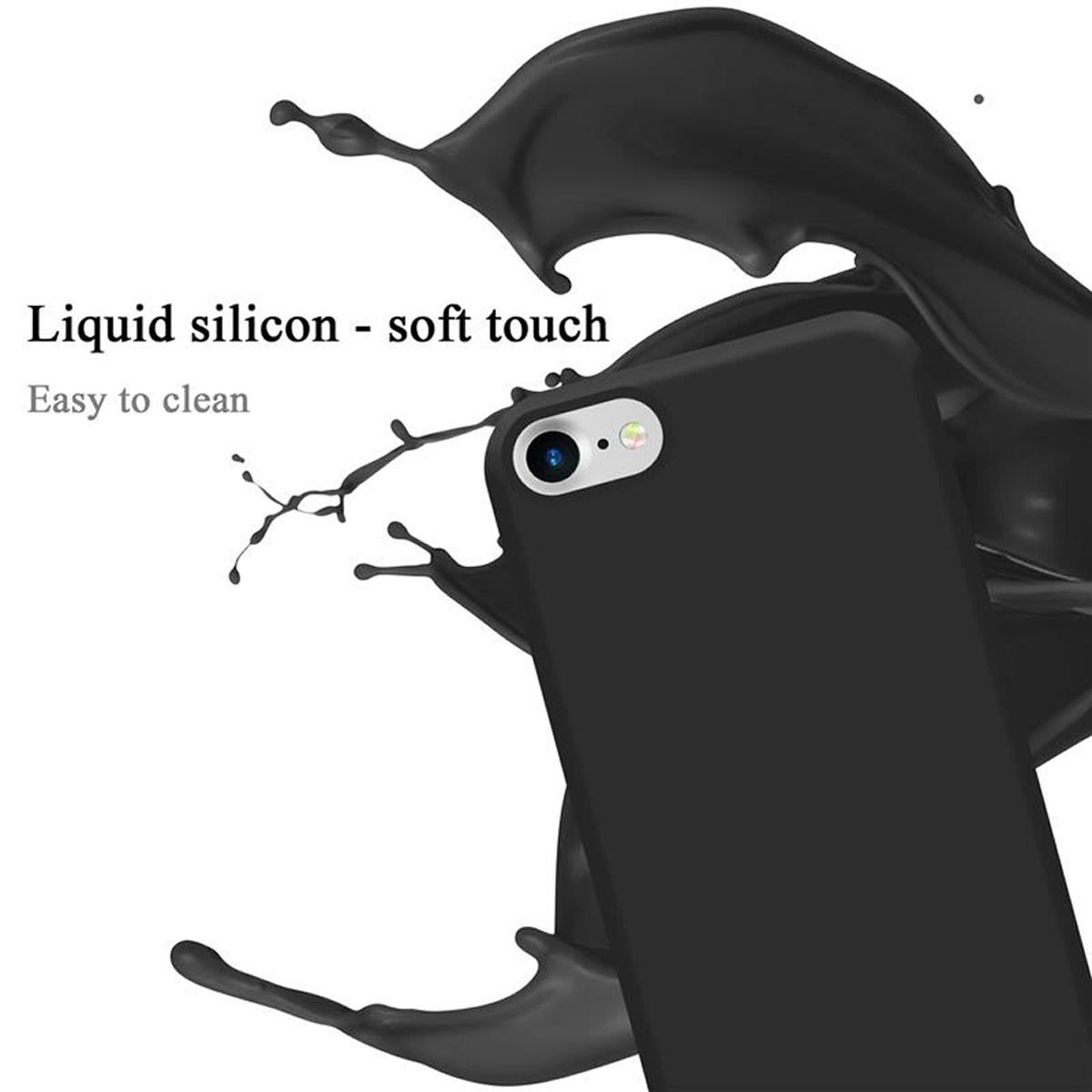 Schwarze Handyhülle mit schwarzem Flüssigkeitsspritzer und dem Text 'Liquid silicon - soft touch'.