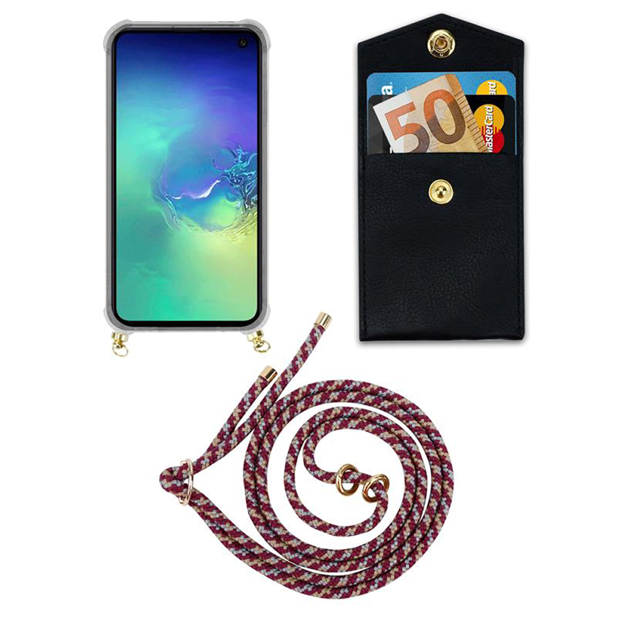 Accessori: un telefono con un cordino e un portafoglio. Il portafoglio contiene carte e contanti. Il cordino è decorativo.