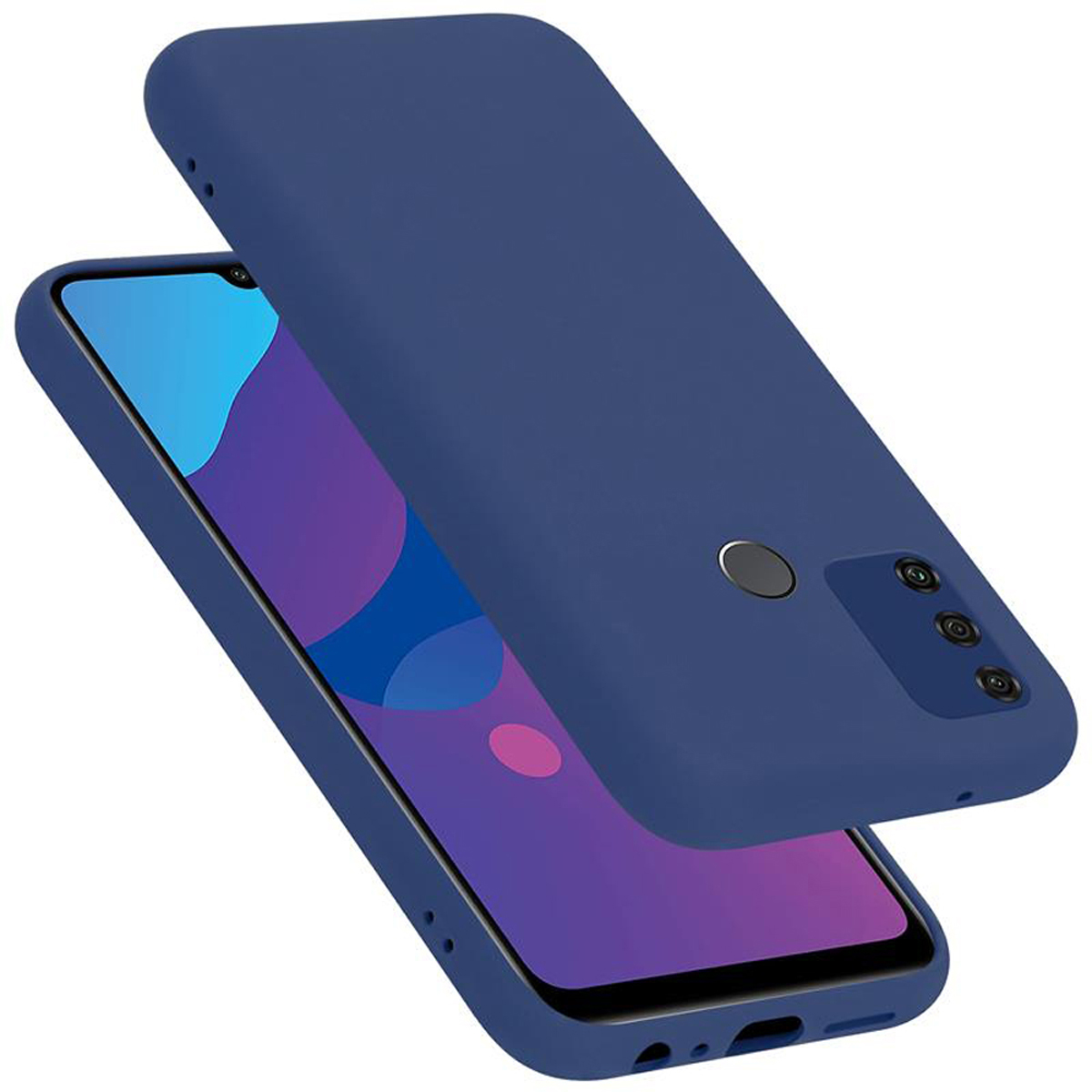 Blaue Handyhülle und Handy, schräge Ansicht.