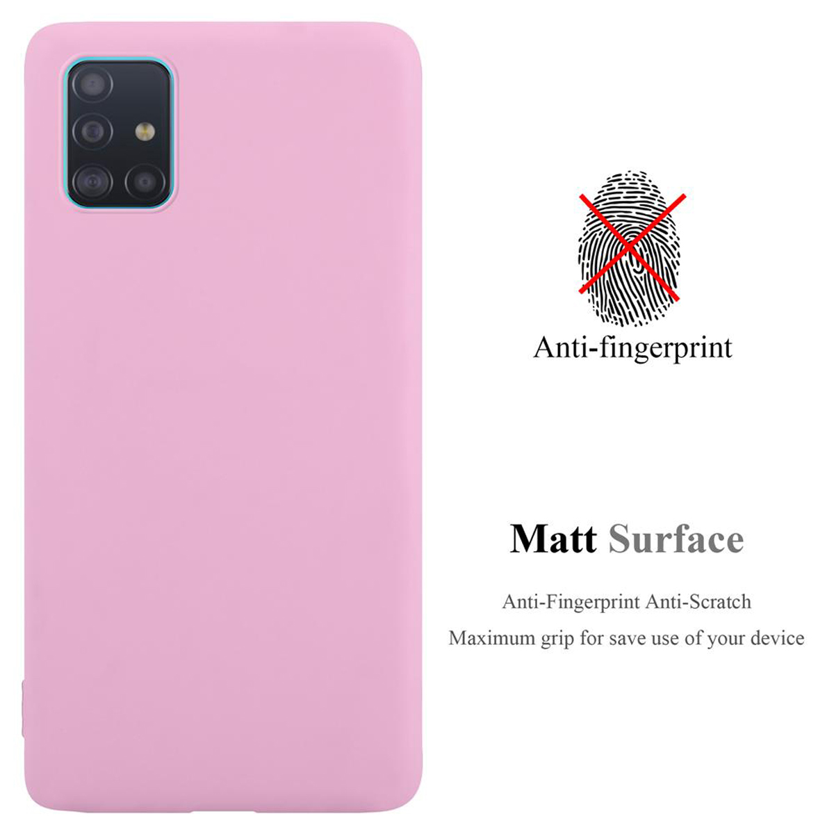 Una custodia per telefono rosa chiaro con testo 'Anti-impronte digitali' e 'Superficie opaca'. Sfondo bianco.