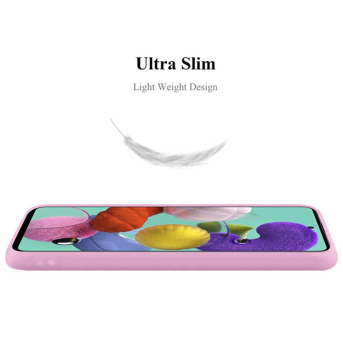 Una custodia rosa vista di lato, con una grafica a forma di piuma.