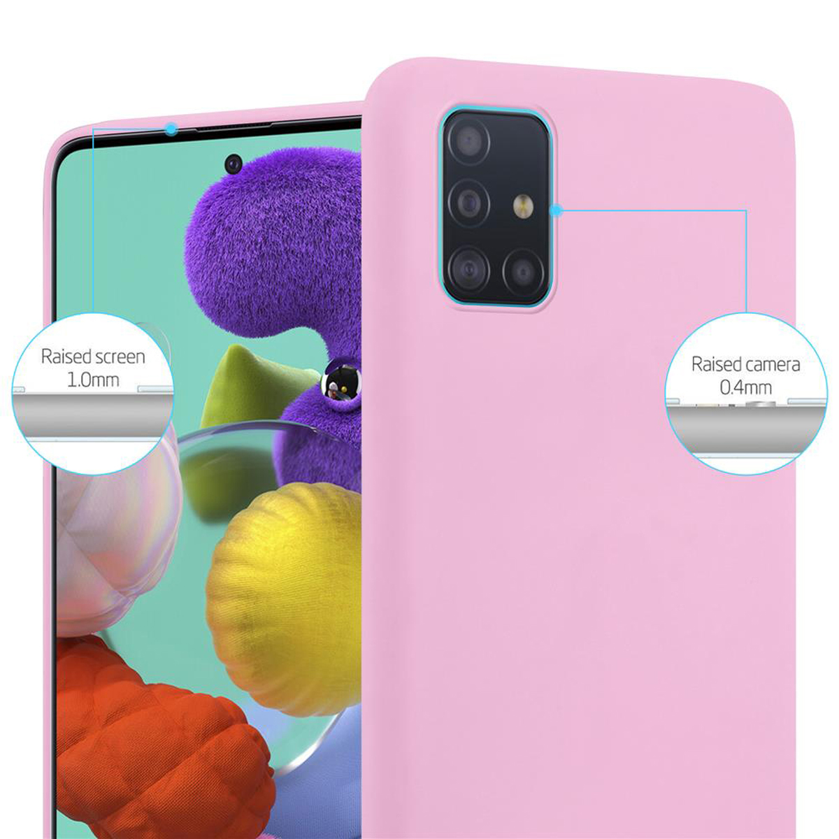 Una custodia rosa con un telefono all'interno. La custodia ha bordi rialzati attorno allo schermo e alla fotocamera.