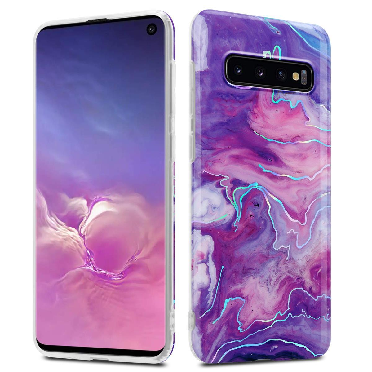 Un telefono con una custodia dal design marmoreo. Il telefono ha uno schermo a sinistra e una custodia a destra.