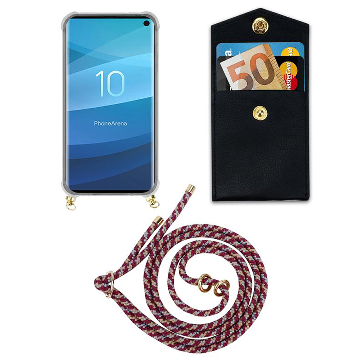 Una custodia per telefono con un telefono e un porta carte nero con carte, più un cordino bordeaux e beige.