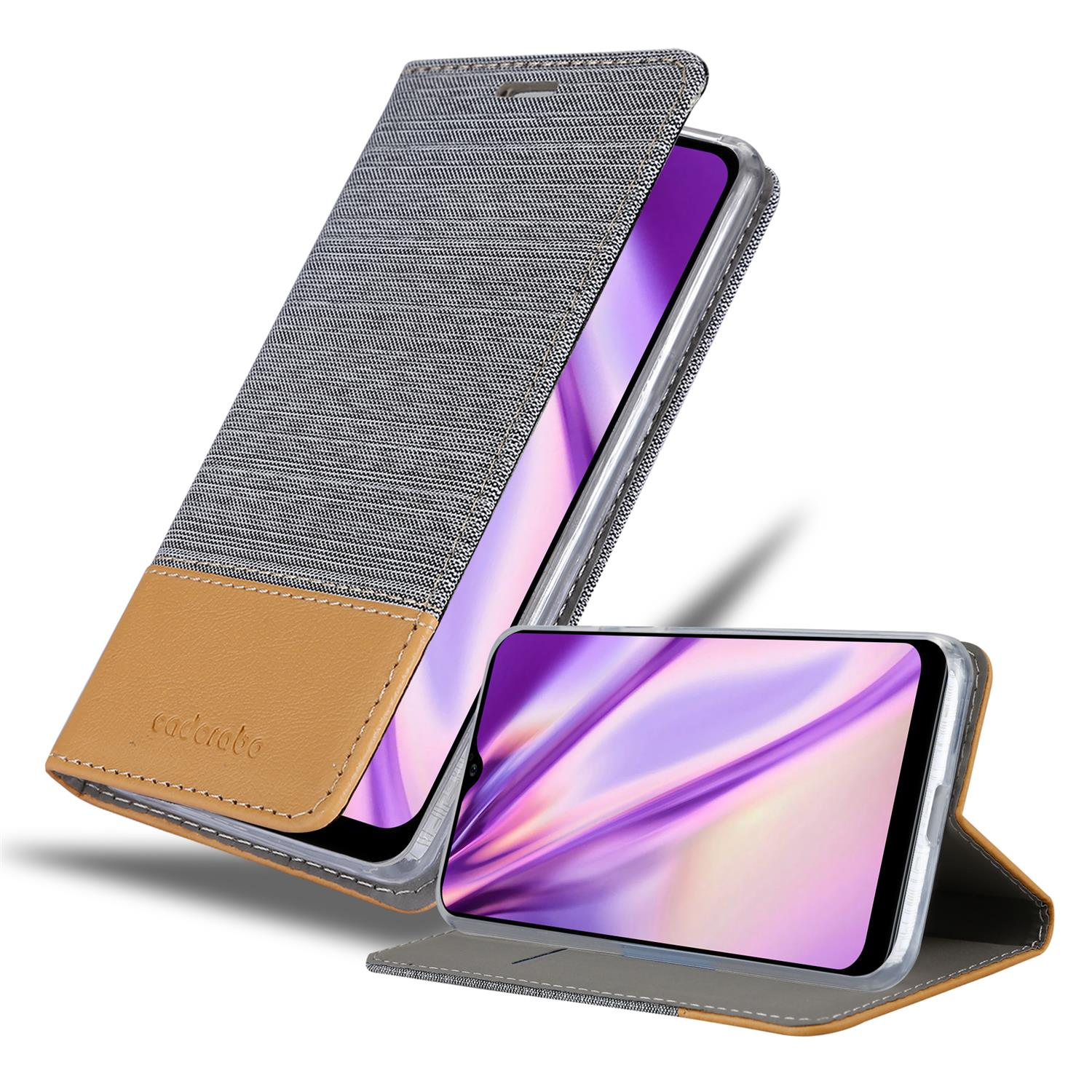 Custodia per telefono con un telefono all'interno. La parte anteriore della custodia ha un pannello in tessuto con un fondo in pelle.