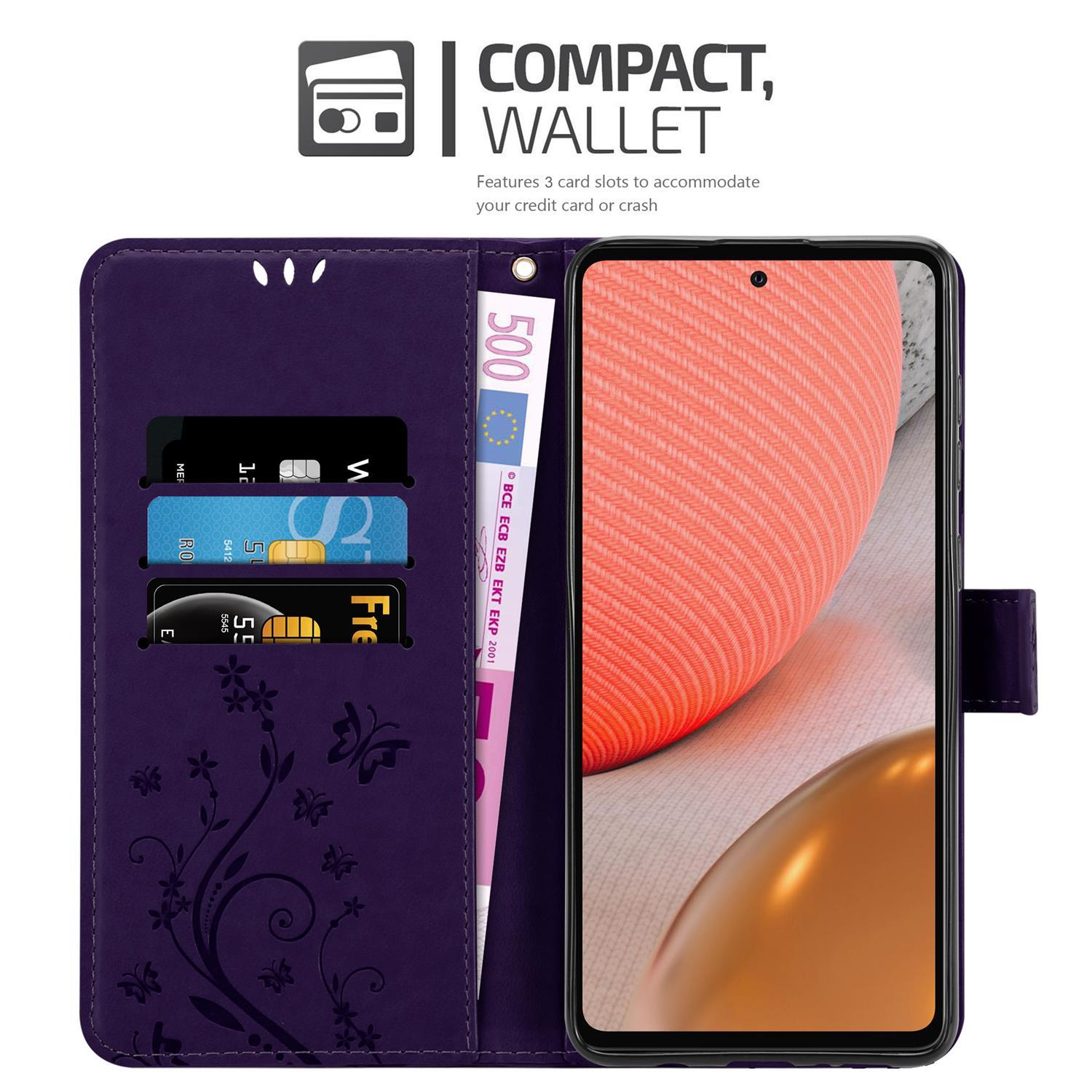 Un portafoglio viola con carte e denaro. Dice Compatto, Portafoglio, Dispone di 3 scomparti per carte.
