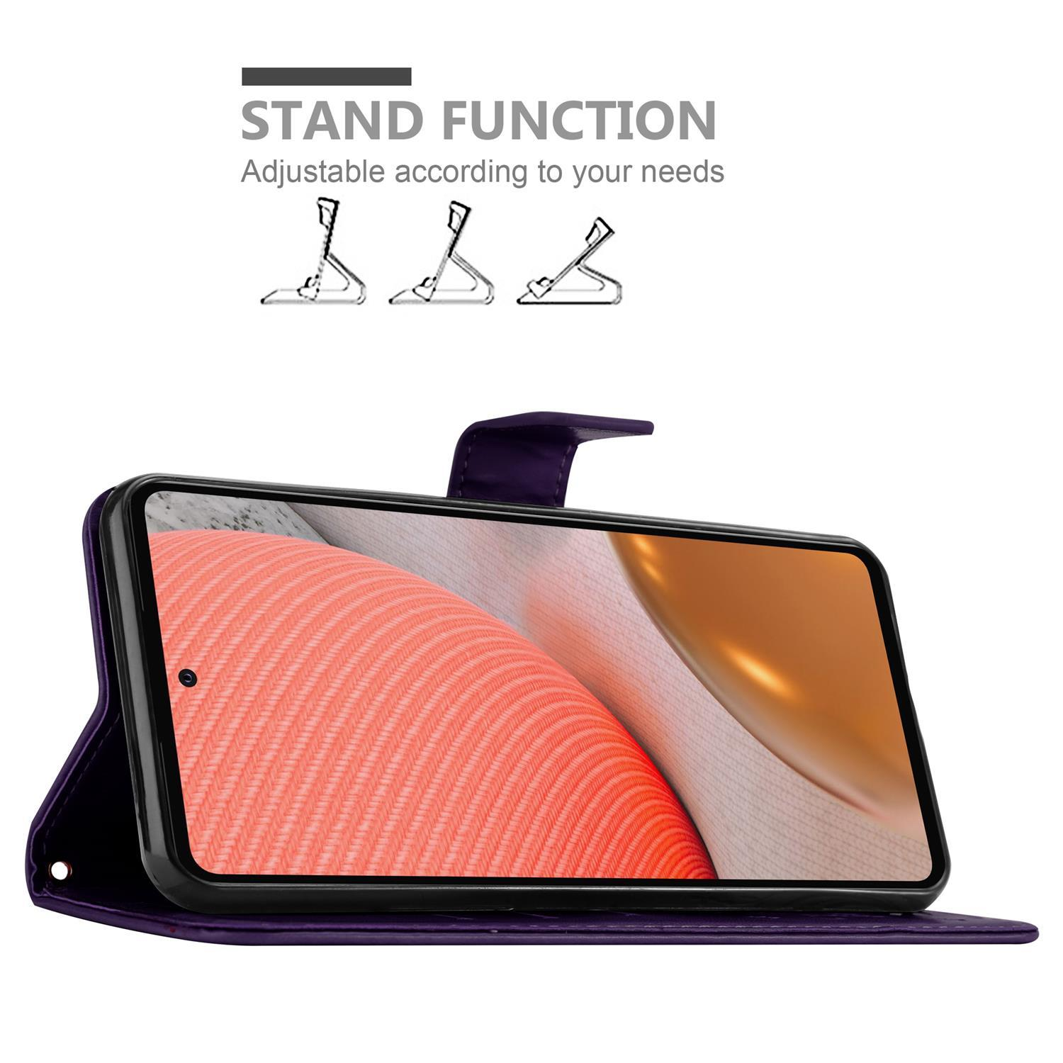 Custodia per telefono viola con telefono all'interno, funzione supporto e patta aperta.