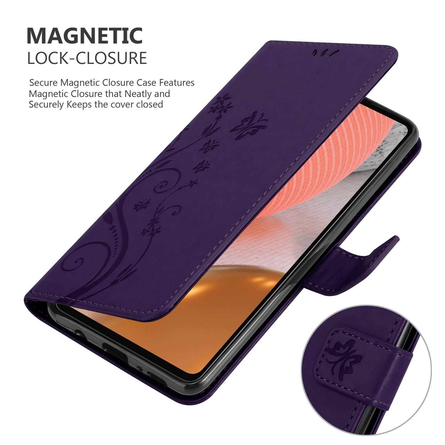 Custodia per telefono viola con design floreale, aperta. Ha una chiusura magnetica.