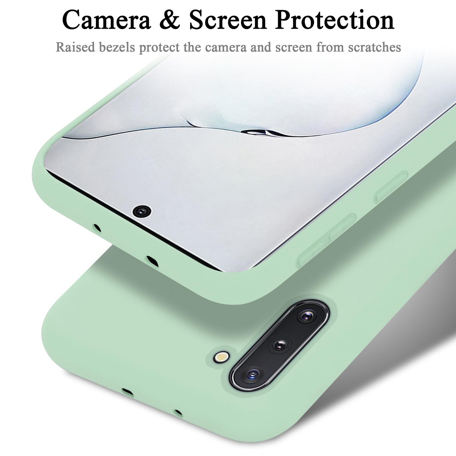 Due custodie per telefono, una sopra l'altra, in verde. Testo: Protezione fotocamera e schermo.