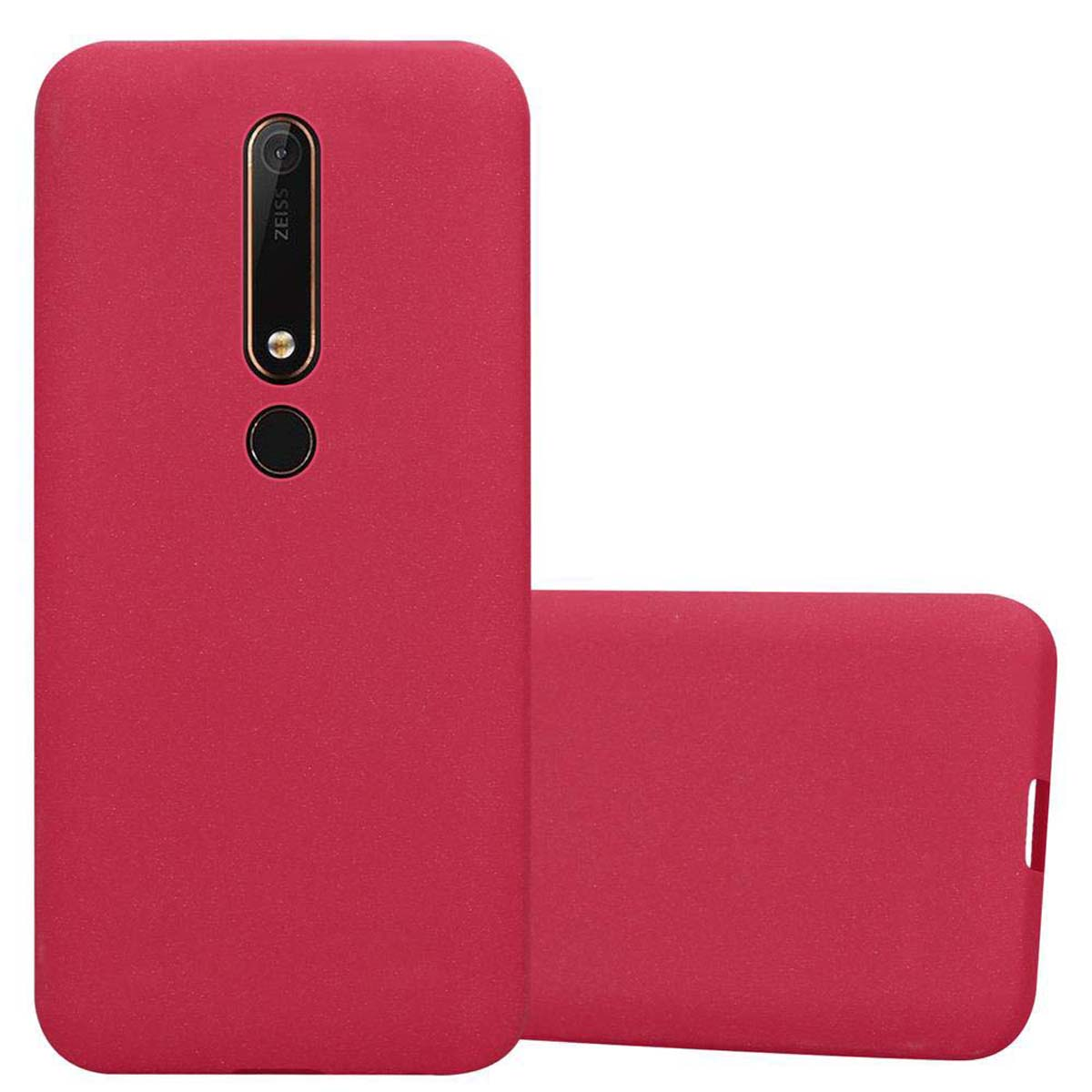 Custodia per telefono rossa. La custodia è su un telefono con fotocamera e un piccolo cerchio.