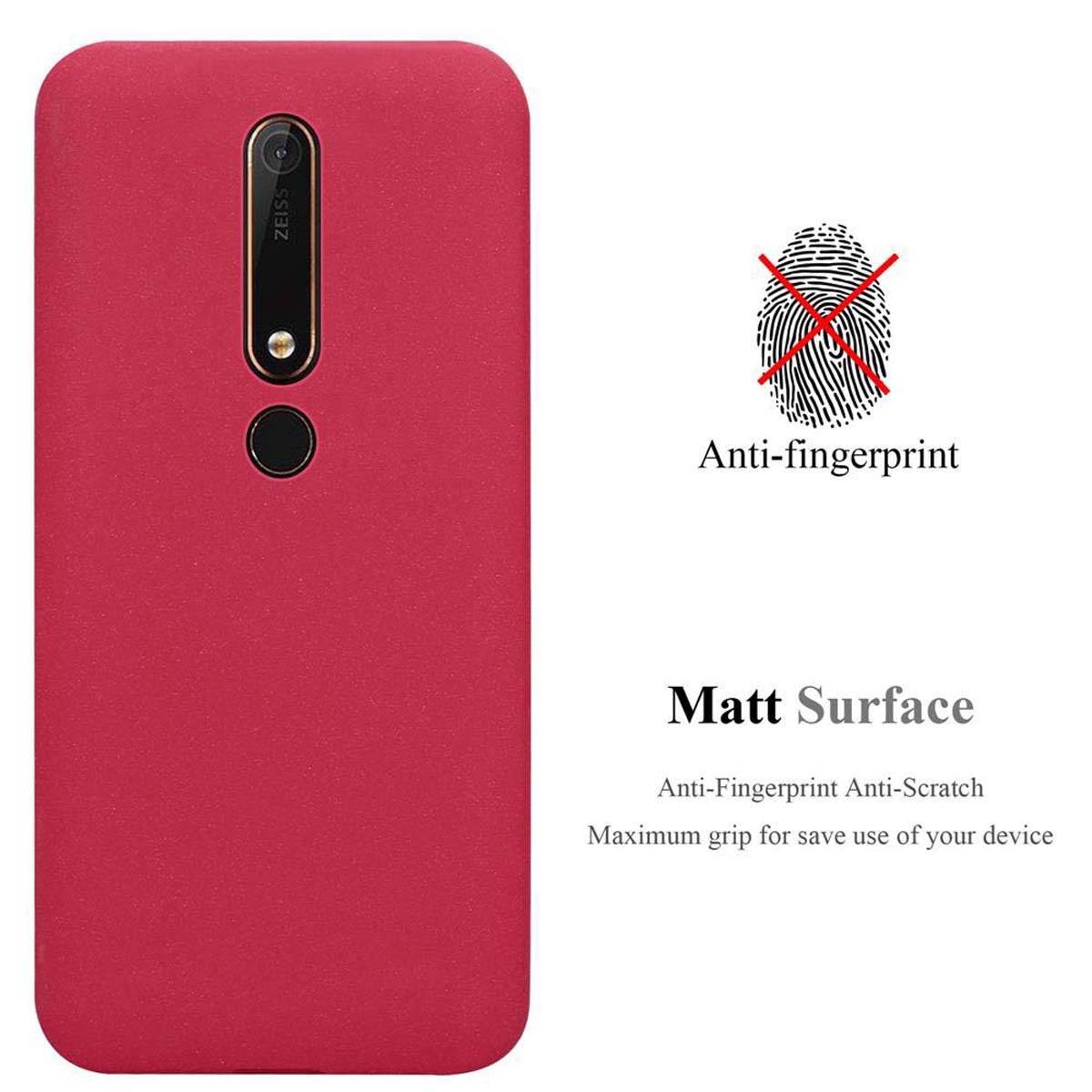 Custodia per telefono rossa con testo e icona impronta digitale. Sfondo bianco. Anti-impronta e antigraffio.