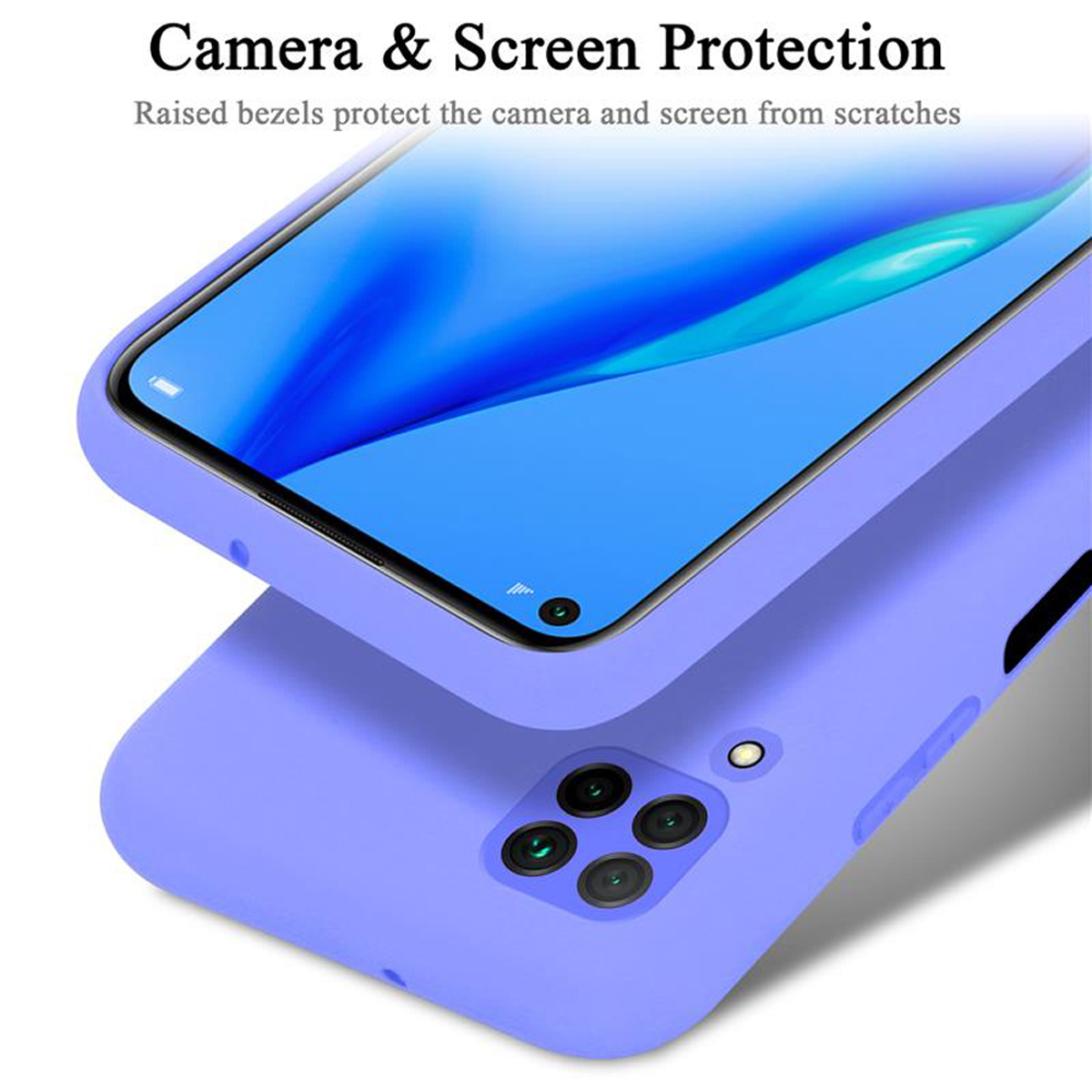 Nahaufnahme einer blauen Handyhülle mit dem Telefon darin. Die Hülle bedeckt Kamera, Bildschirm und Tasten.