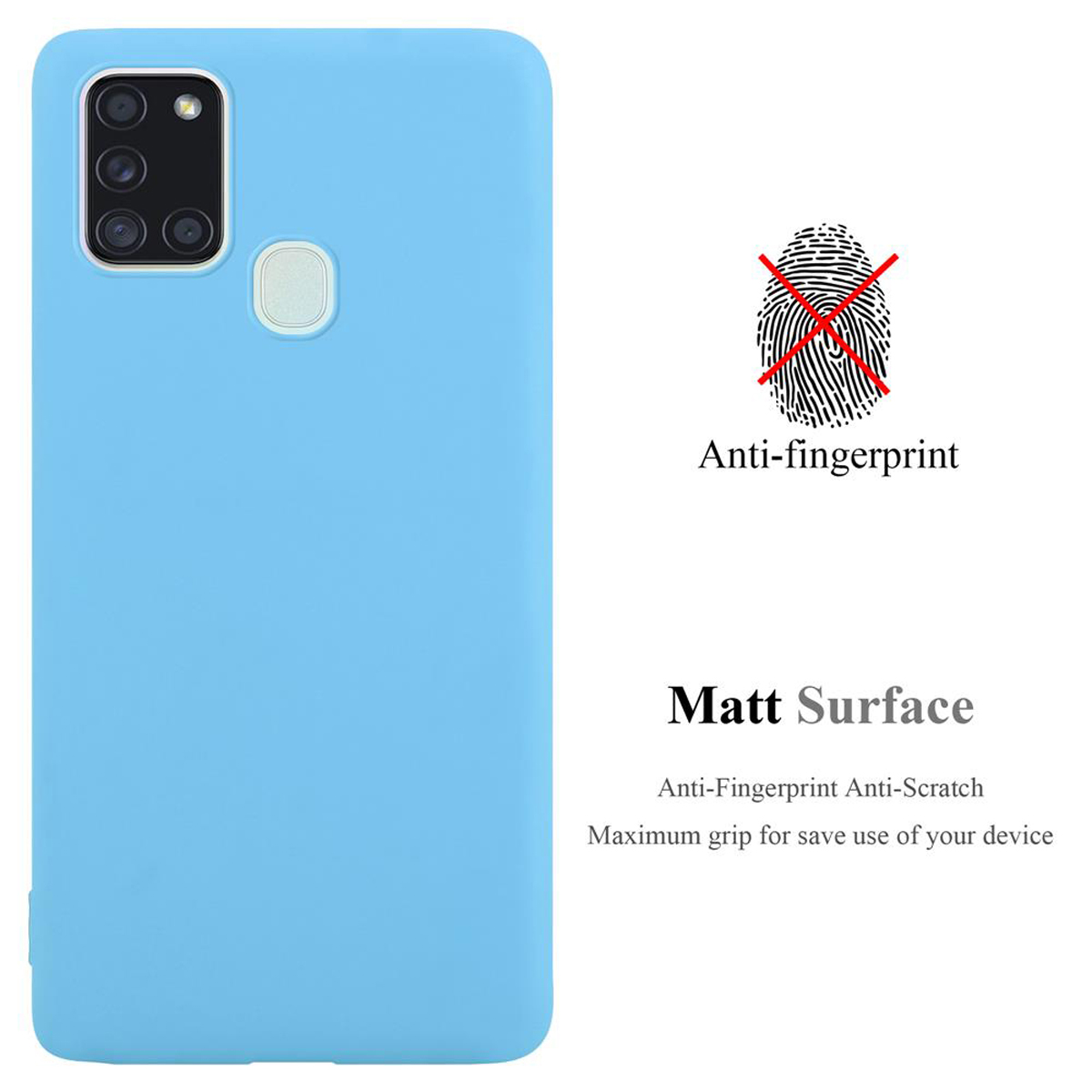 Eine hellblaue Handyhülle mit dem Text 'Anti-Fingerabdruck' und 'Matt Surface'. Ein Fingerabdruck ist durchgestrichen.
