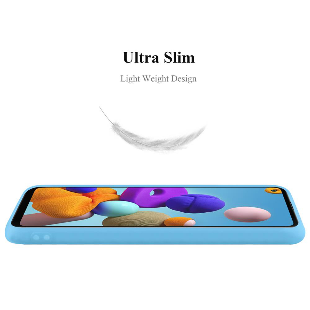 Blaue Handyhülle mit abstrakter Kunst auf dem Bildschirm. Eine Feder über dem Telefon.