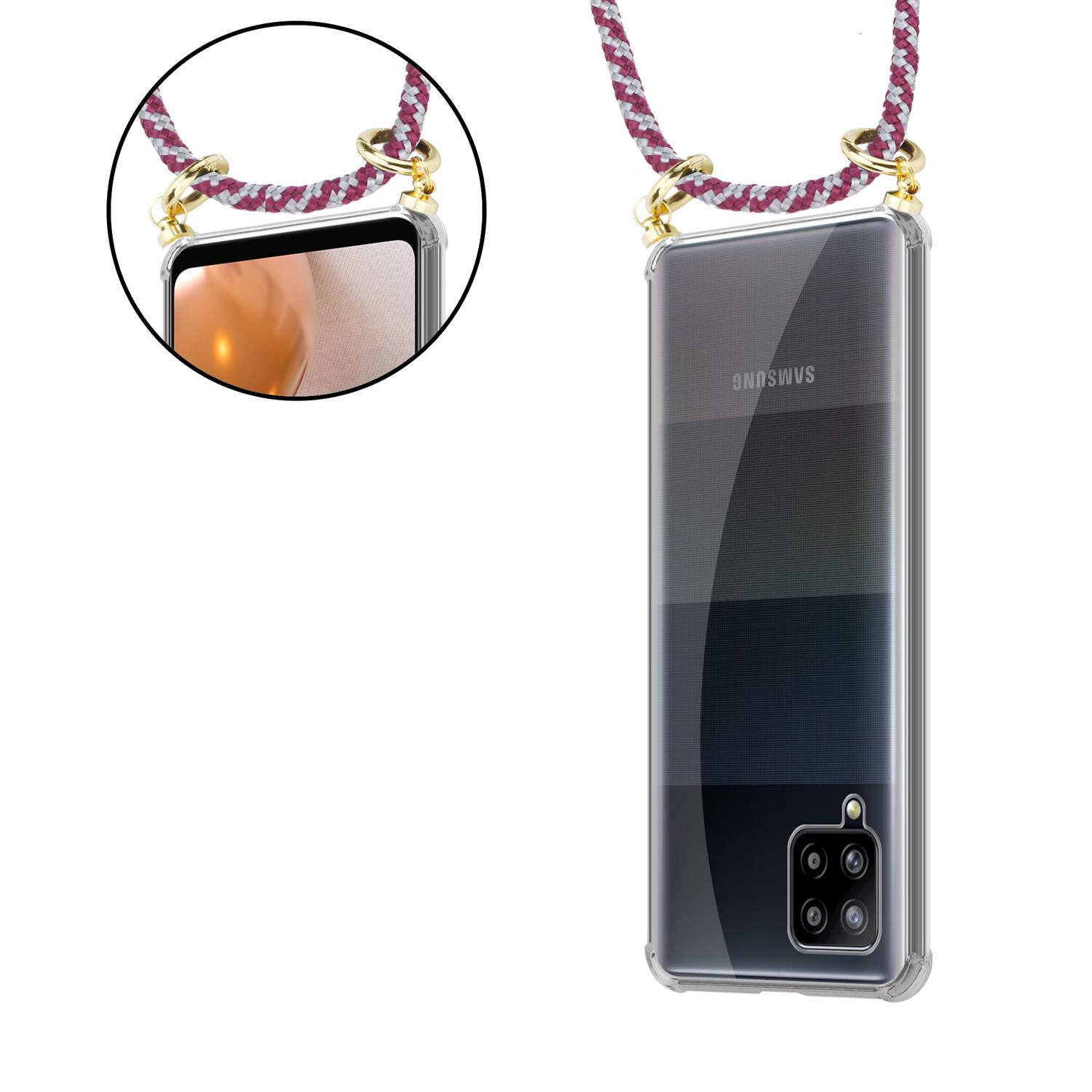 CADORABO Handy Kette mit abnehmbarer Gold WEIß 4G, Ringen, und Galaxy A42 Kordel Backcover, Band ROT Hülle, Samsung