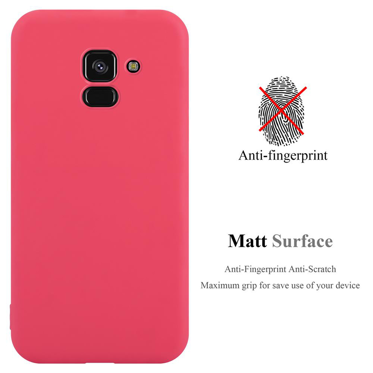 Custodia per telefono rossa su sfondo bianco. Testo: Anti-impronte, Superficie opaca e antigraffio.