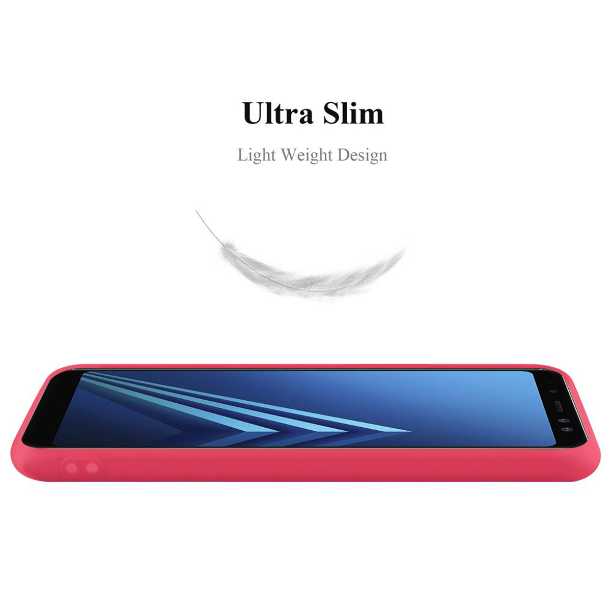 Una custodia rosa con un telefono dentro, la custodia è sottile, con una piuma bianca che fluttua sopra.