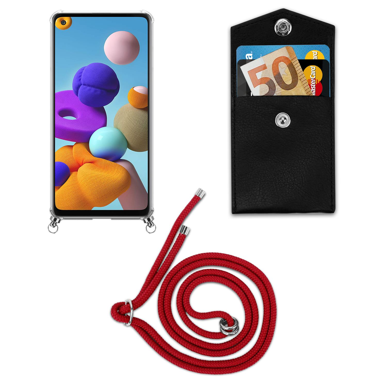 Telefono con carta in portafoglio nero, cordino rosso e denaro. Custodia nera con carta e denaro.