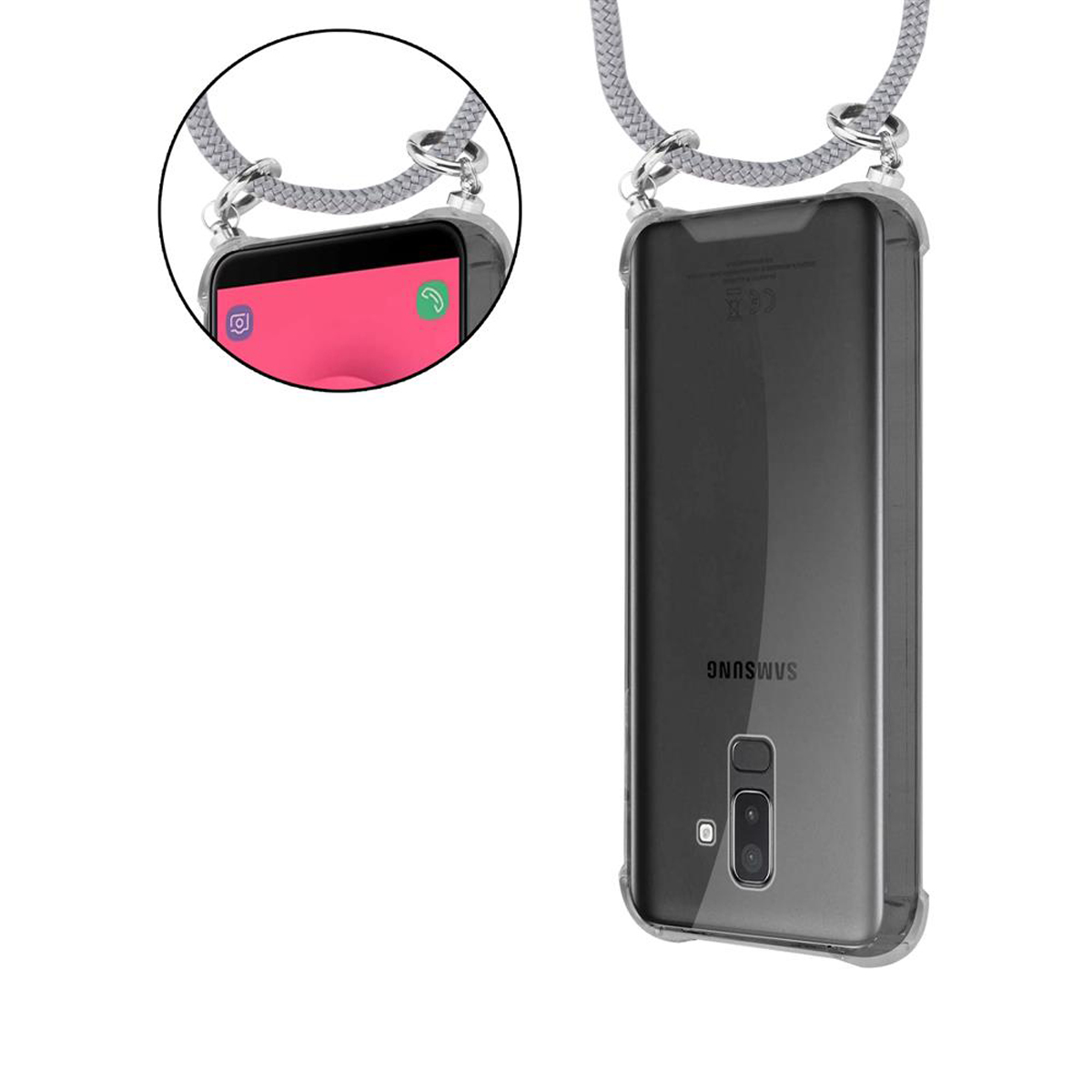Ein Telefon in einer durchsichtigen Hülle. Das Telefon ist an einem Schlüsselband befestigt. Das Schlüsselband ist grau.