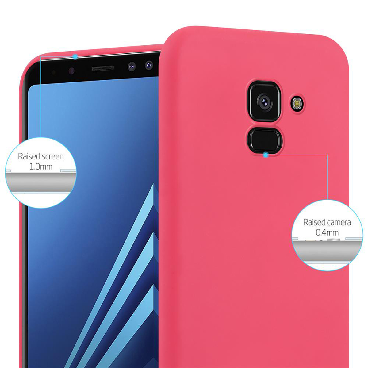 Una custodia per telefono rosa con bordi dello schermo e della fotocamera rialzati. I dettagli etichettano queste caratteristiche.