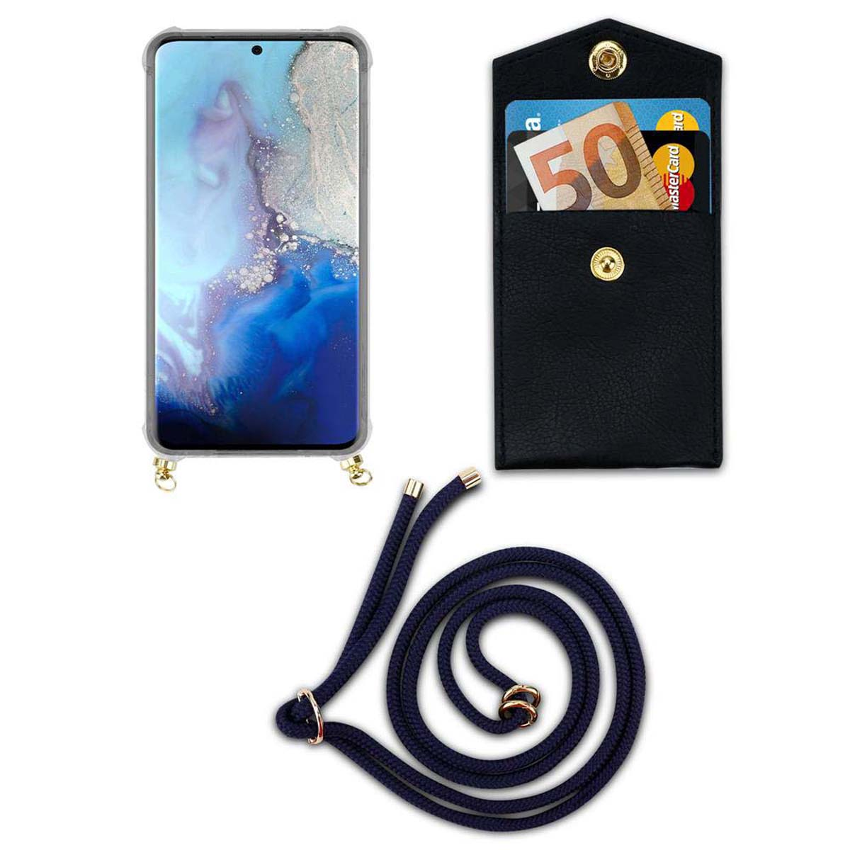 Telefono, portafoglio e cordino. Il telefono mostra un design blu. Il portafoglio ha una banconota da 50 euro e carte di credito.