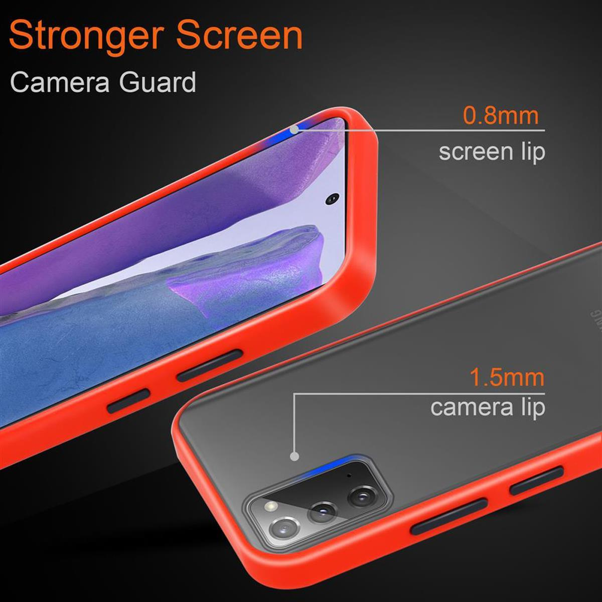 Custodia per telefono con cornice arancione. Il testo dice Schermo più resistente e Protezione fotocamera. Caratteristiche labbra.