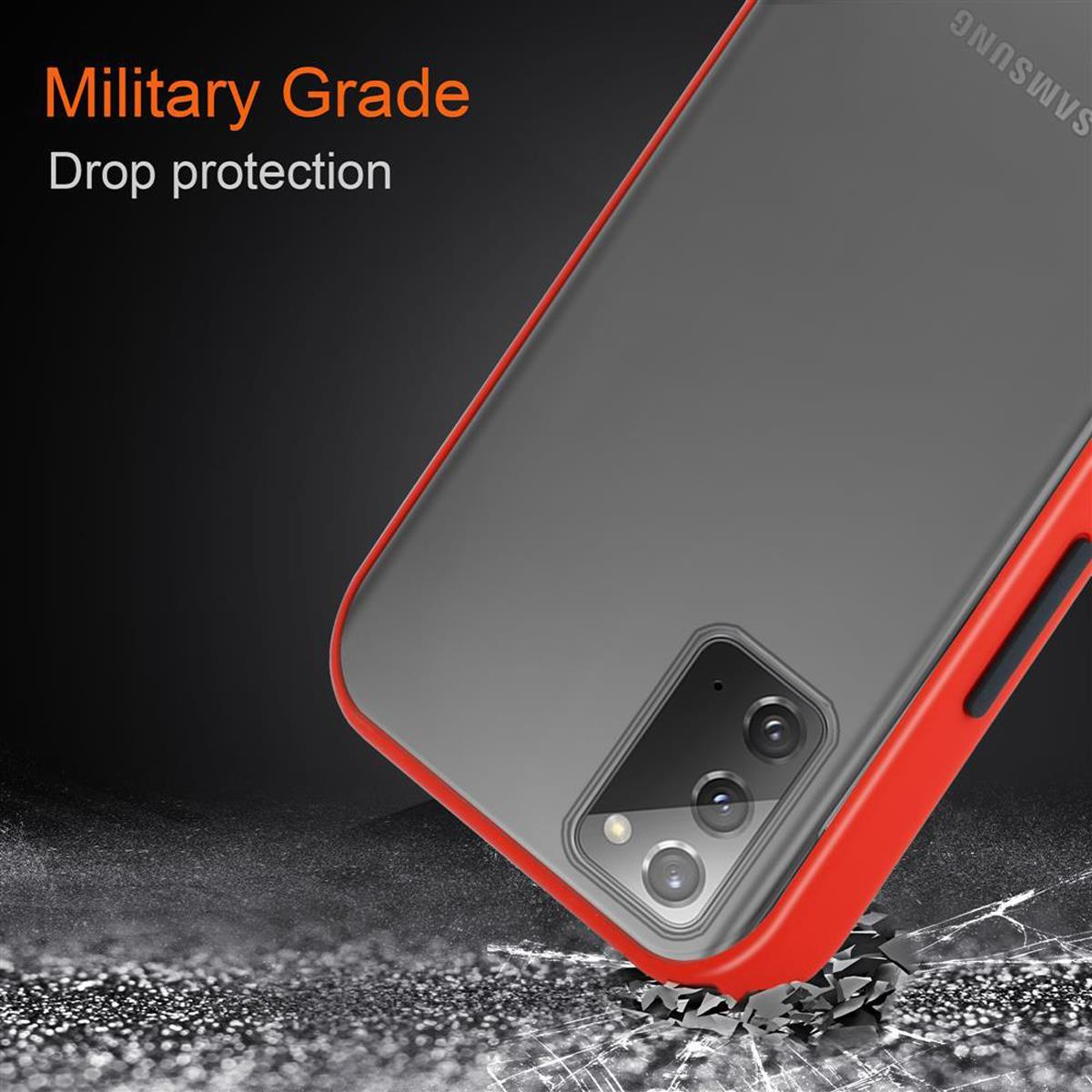 Un telefono con custodia rossa sta cadendo e colpisce il suolo. Le parole Military Grade e Drop protection.
