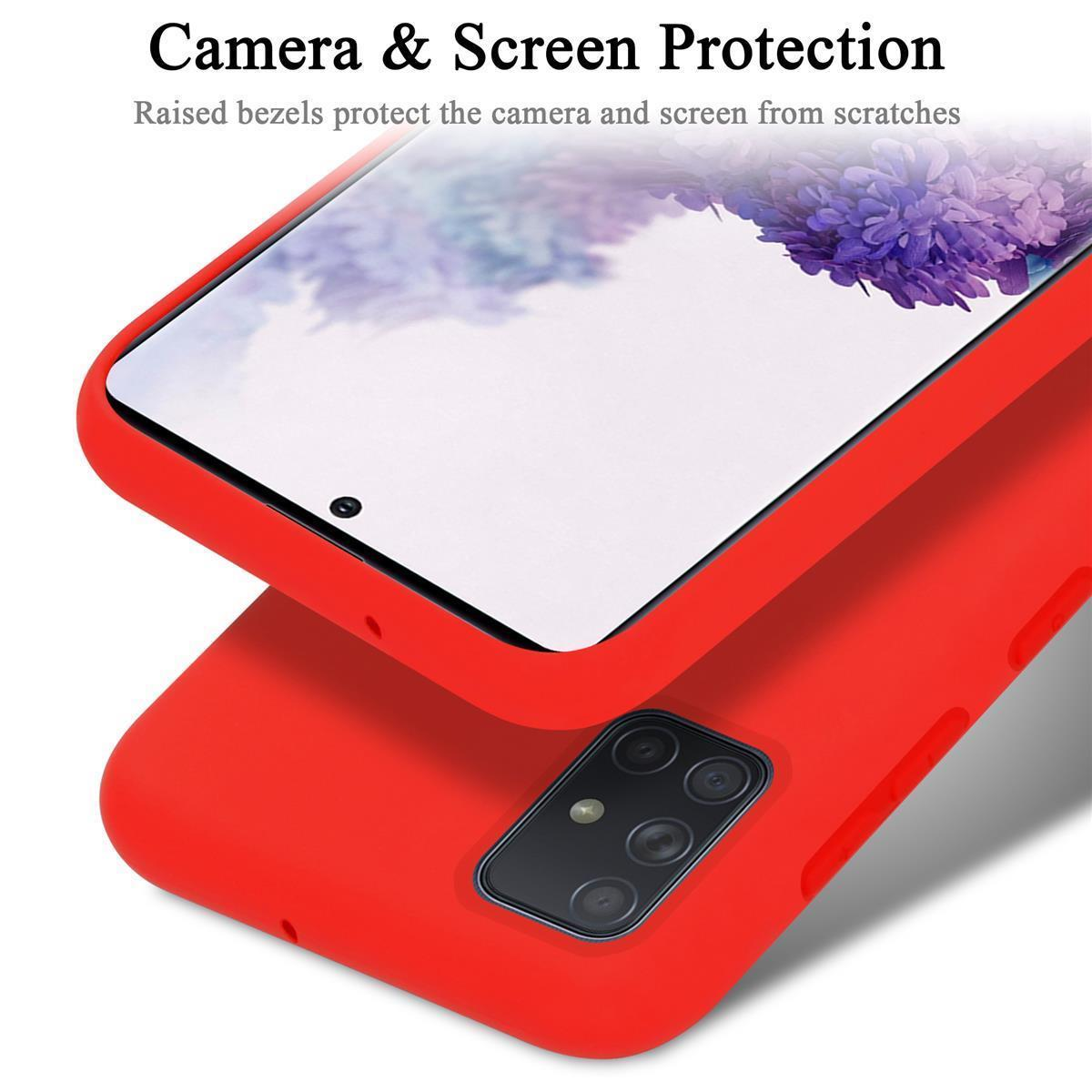 Custodia rossa che protegge un telefono con schermo bianco.
